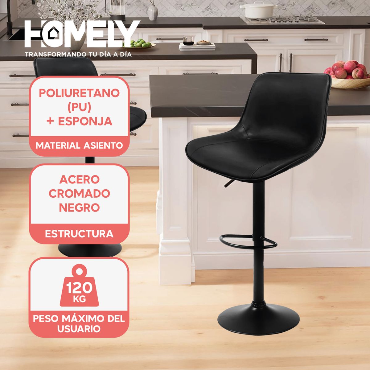 HOMELY - Taburete Silla De Bar Homely Altura Regulable Cocina Americana 80cm