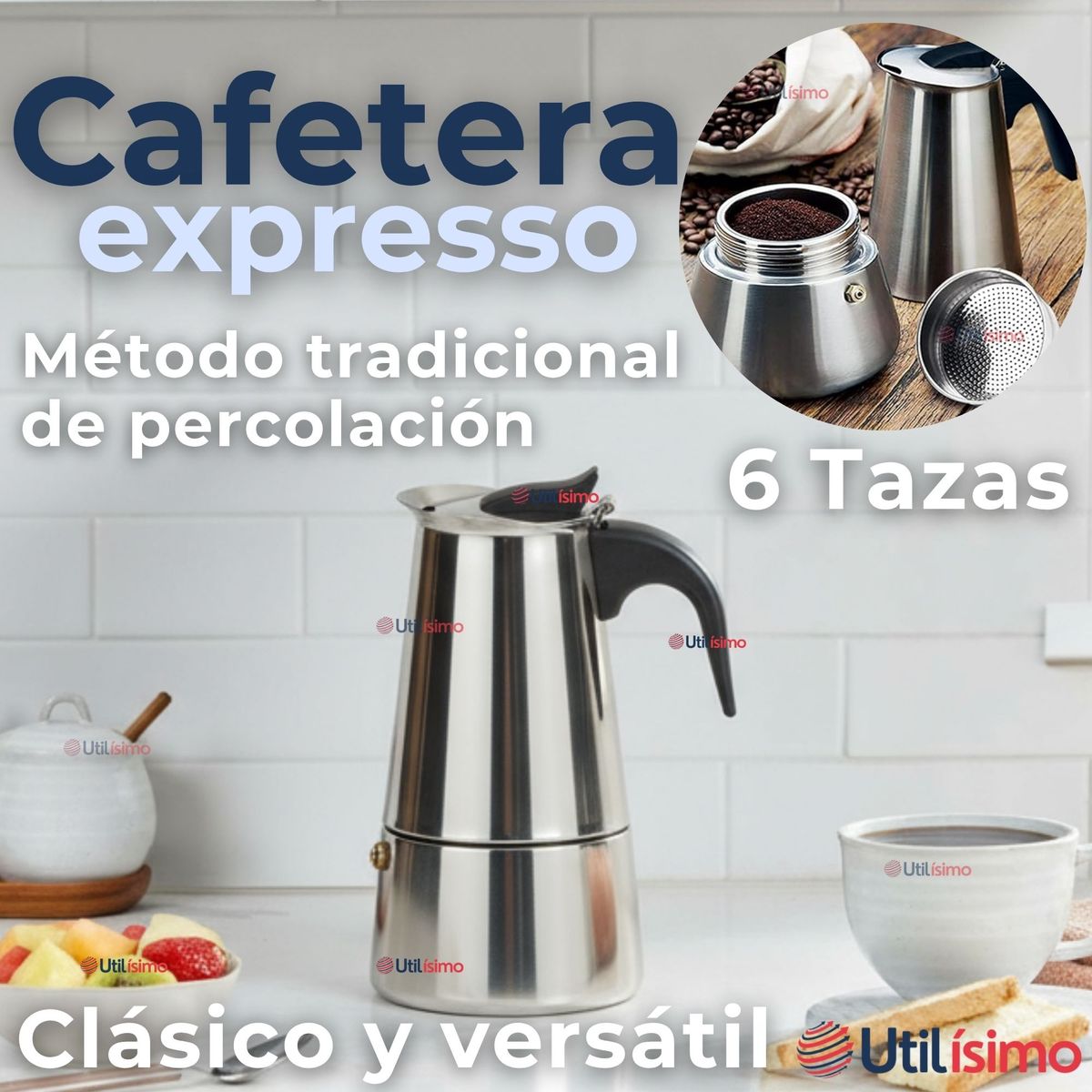 LINE - Cafetera Italiana Expresso 500ml 6 Tazas Acero Inoxidable Plateado