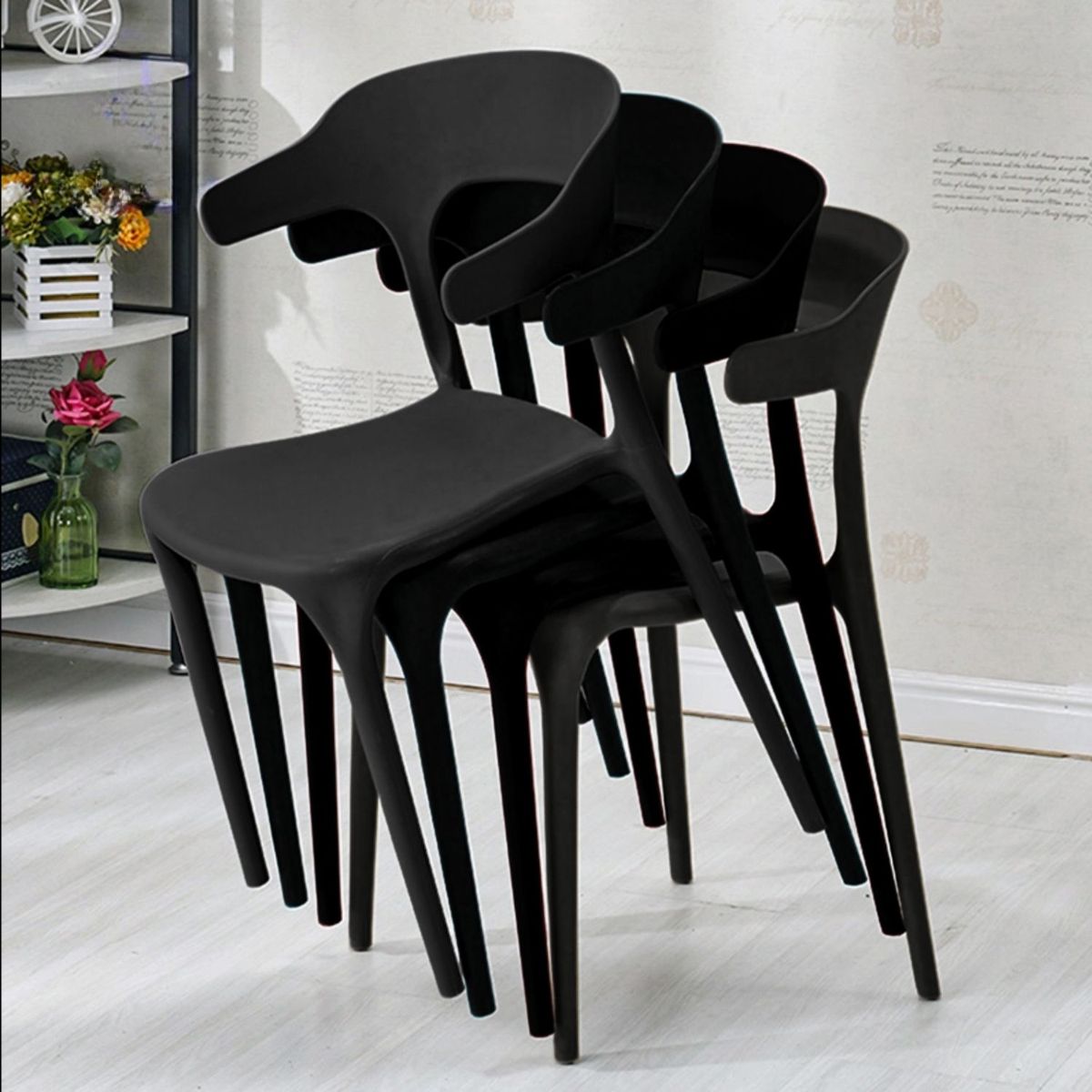 SANTU HOME & DECO - Pack 4 Sillas Plásticas Apilables Diseño Moderno Negro