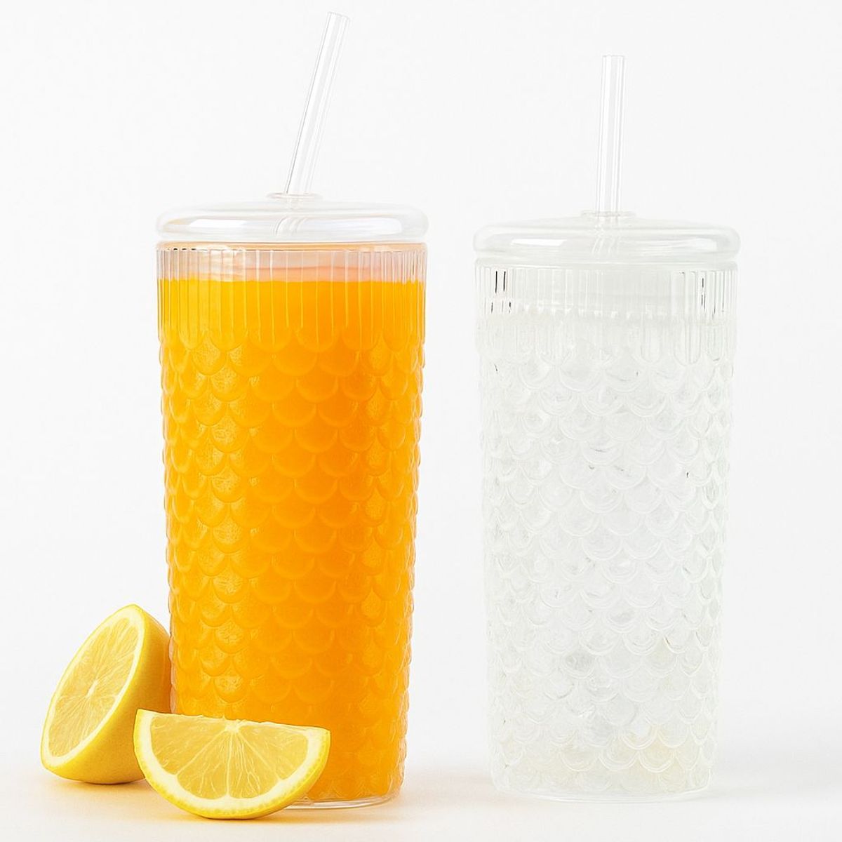 WAKESHOME - Vaso de Vidrio en Relieve Escama con Tapa y Bombilla 650ml