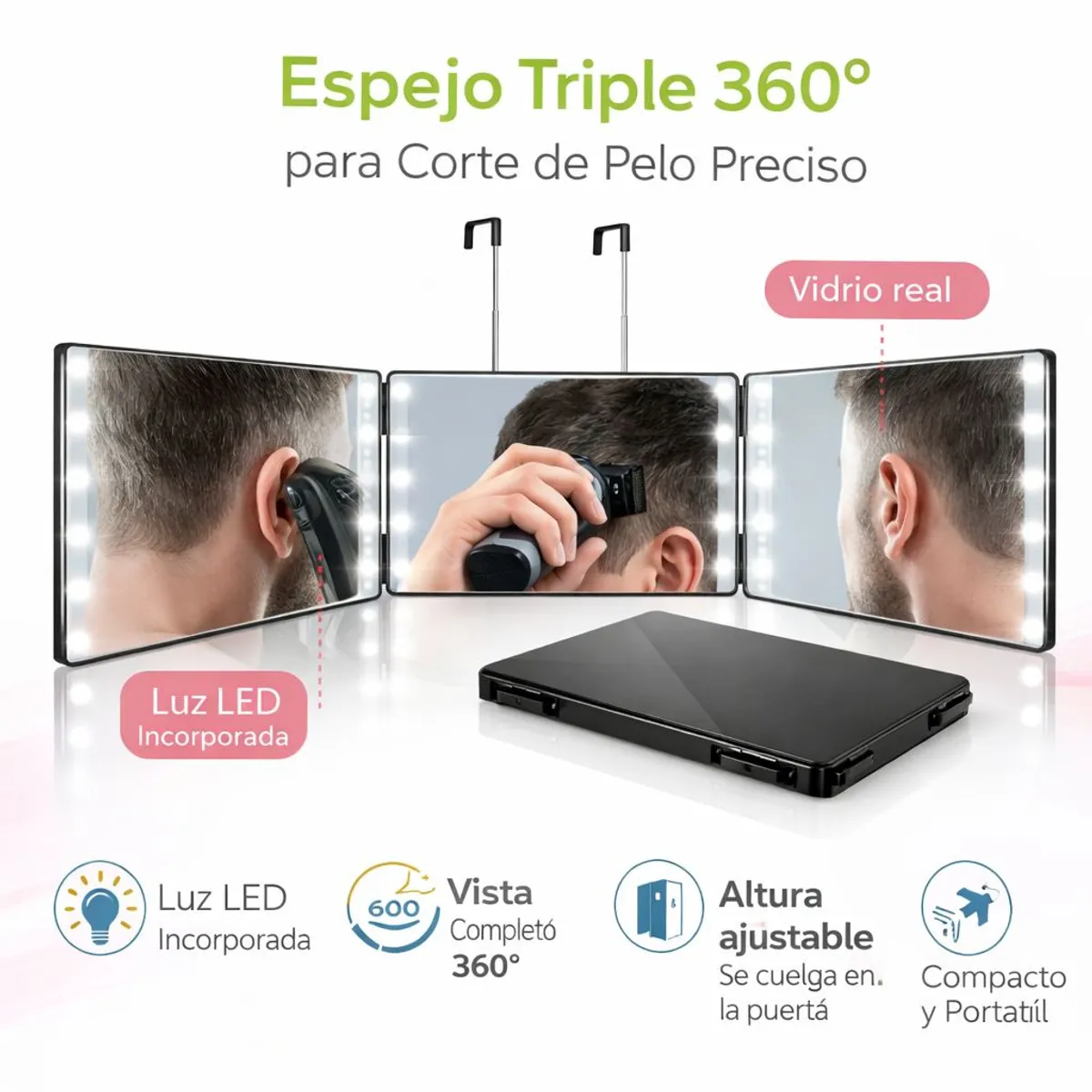 GENERICO - Espejo Triple 360 Con Luz Corte De Pelo Profesional 3 Vias Ajustable Portatil Para Barberia Y Hogar