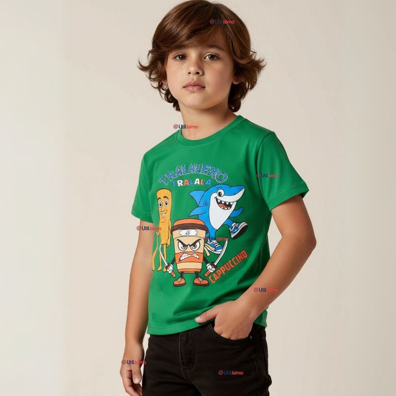 UTILISIMO - Polera Brainrots 100% Algodón Manga Corta Niño Tralalero Verde