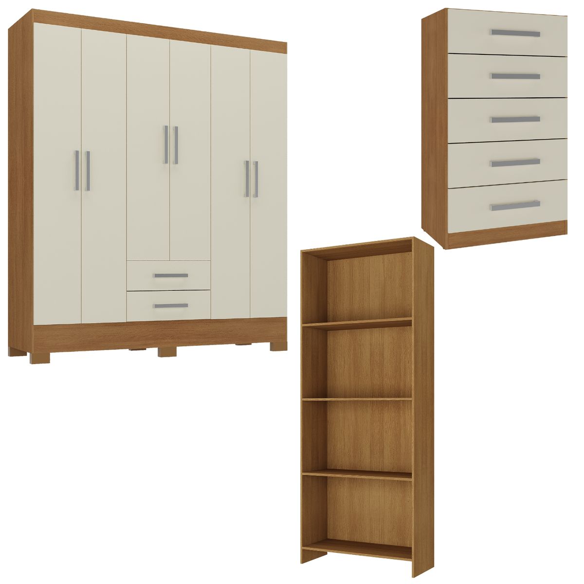 MOVELARIA - Combo Clóset 6 Puertas + Cómoda 5 Cajones Off White + Librero R620516