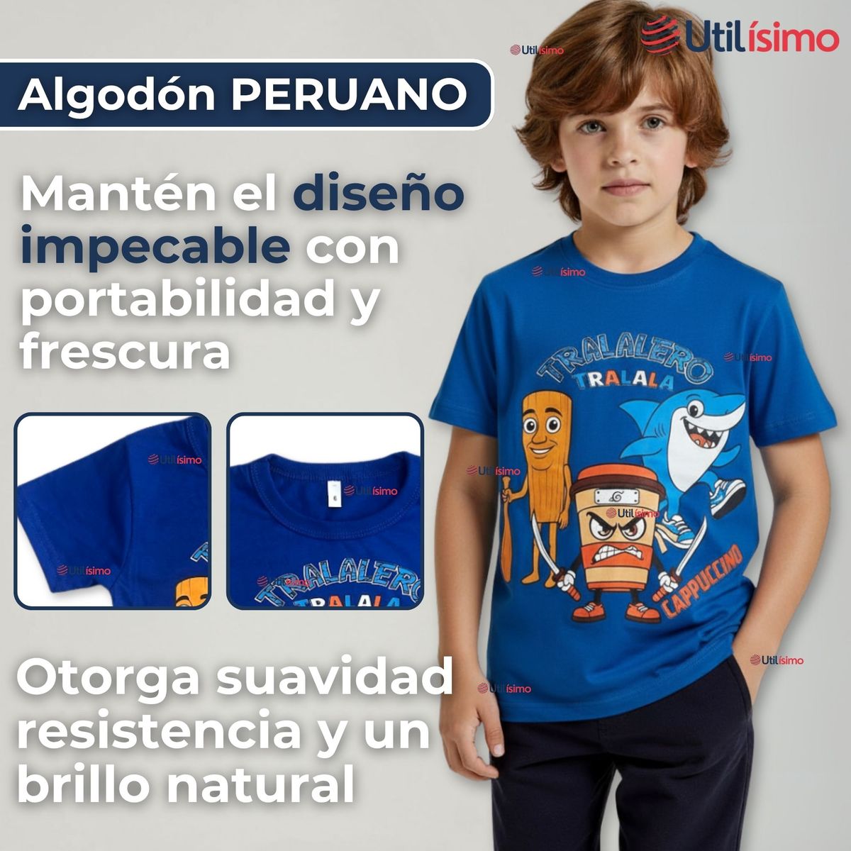 UTILISIMO - Polera Brainrots 100% Algodón Manga Corta Niño Tralalero Azul