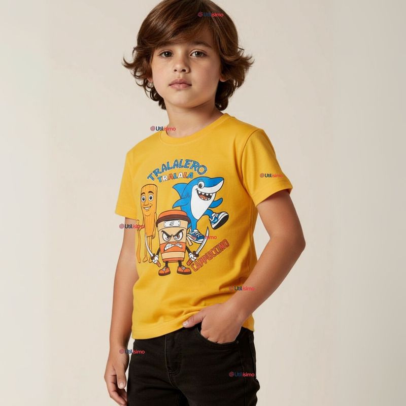 UTILISIMO - Polera Brainrots 100% Algodón Manga Corta Niño Tralalero Amarillo