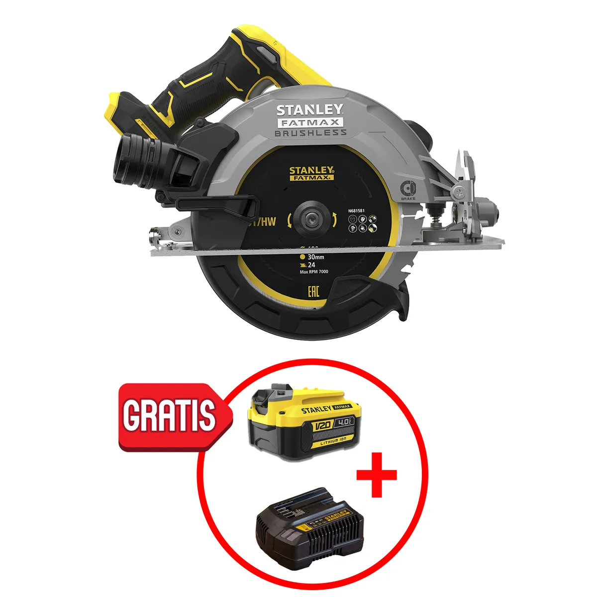 STANLEY - Sierra circular 7-1/4" 20V + Regalo Batería y Cargador STANLEY SBC550-BS