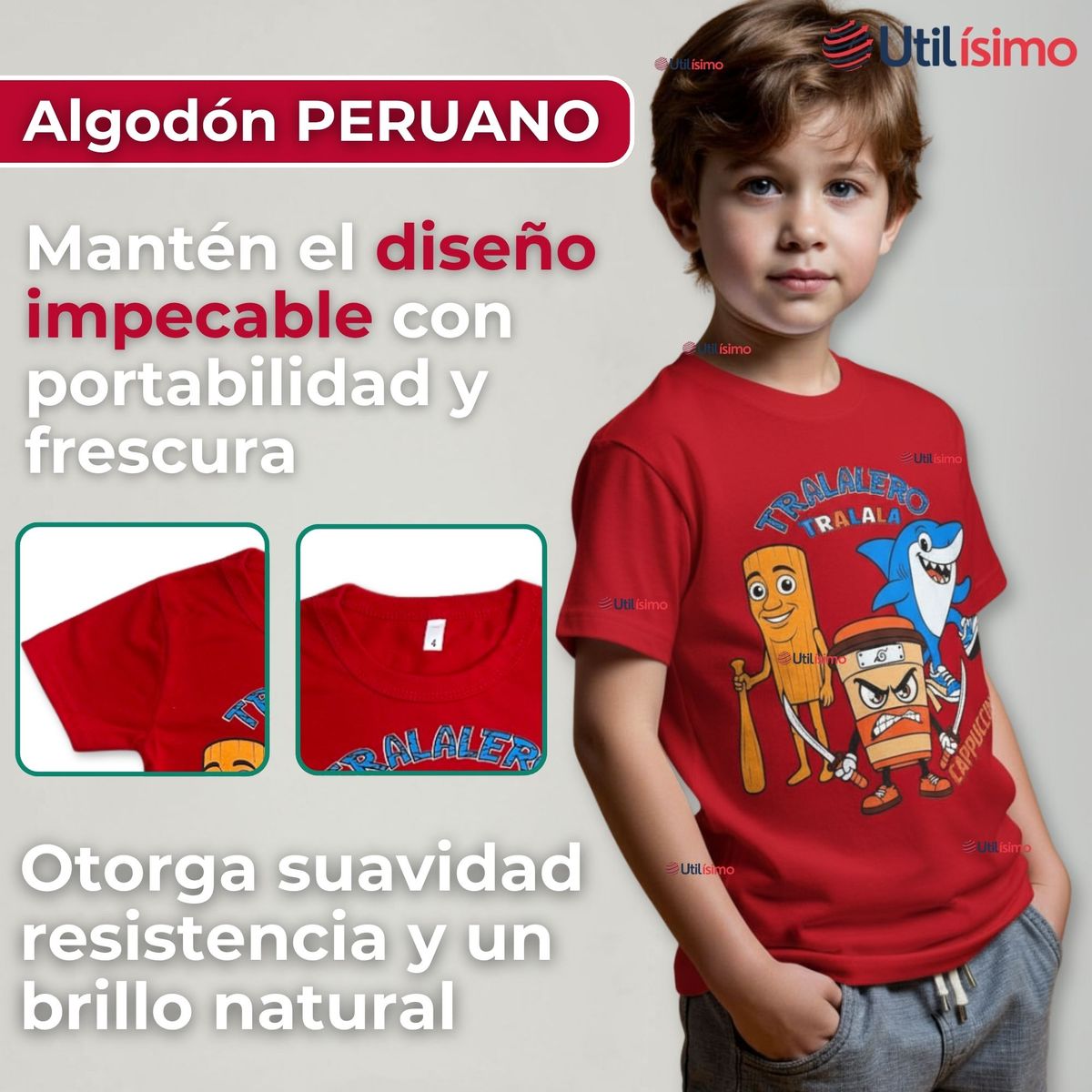 UTILISIMO - Polera Brainrots 100% Algodón Manga Corta Niño Tralalero Rojo