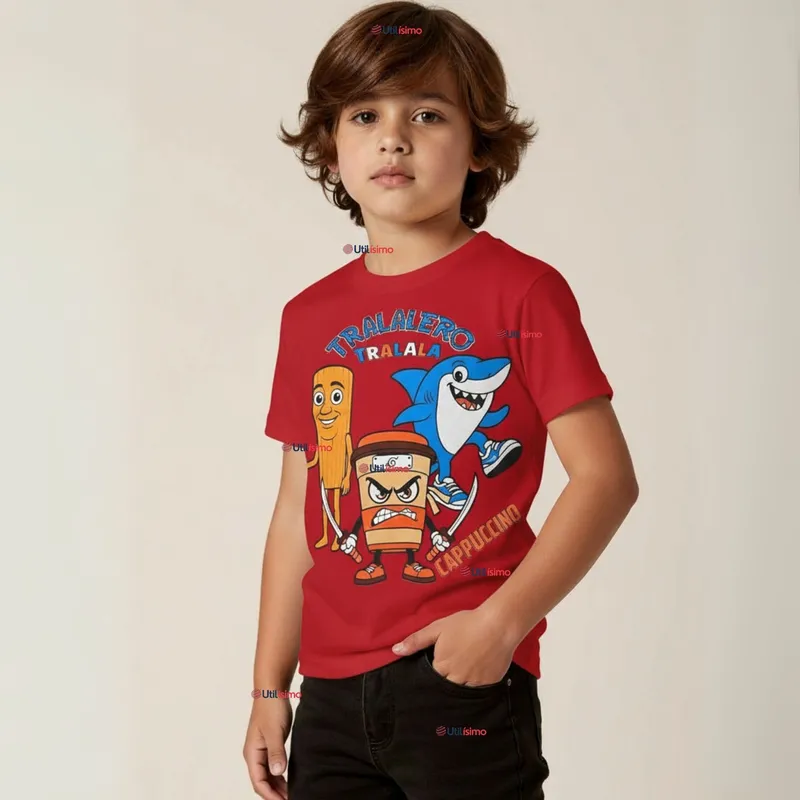 UTILISIMO - Polera Brainrots 100% Algodón Manga Corta Niño Tralalero Rojo