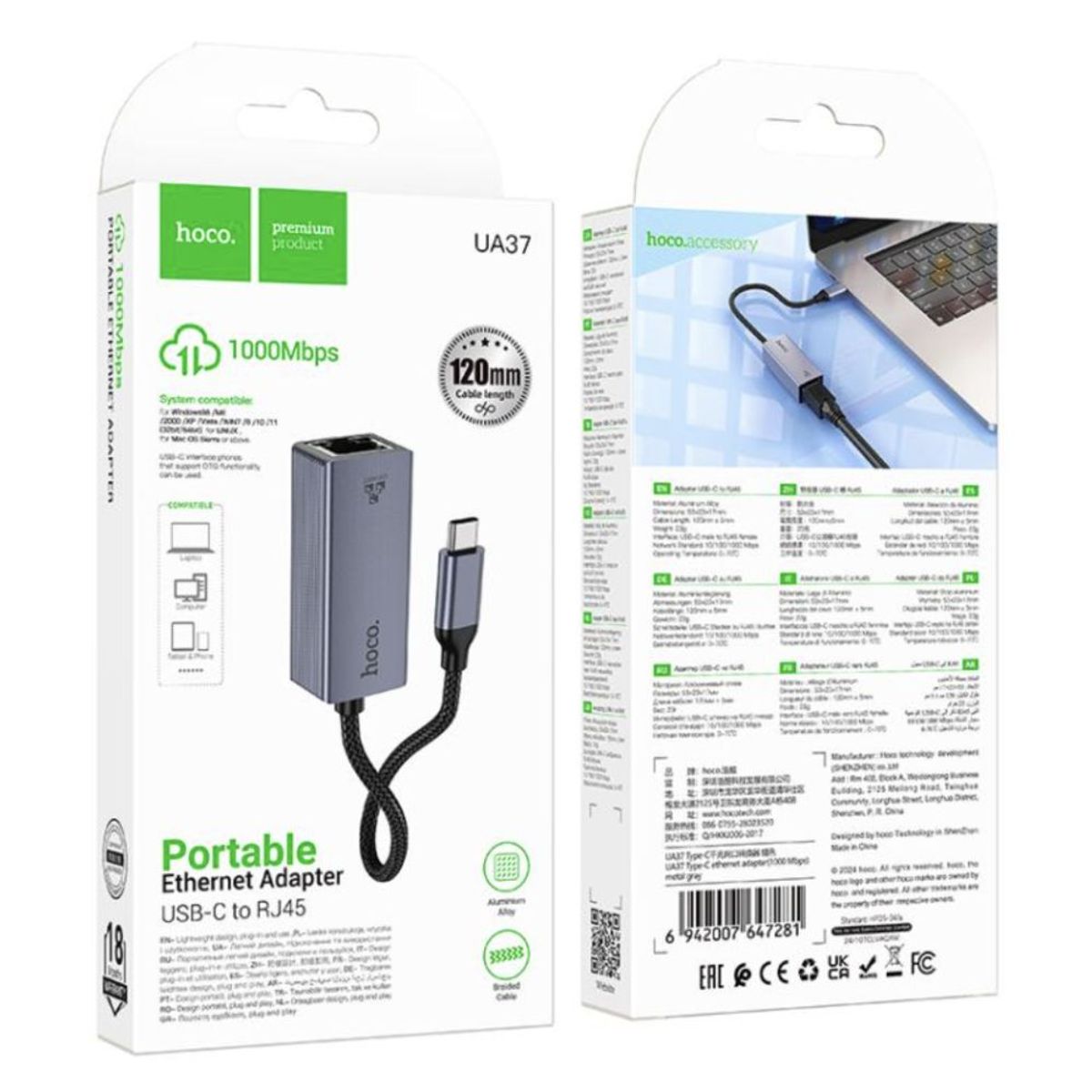 HOCO - Hub Adaptador Ethernet Usb C A Rj45 Gigabit 1000 Mbs