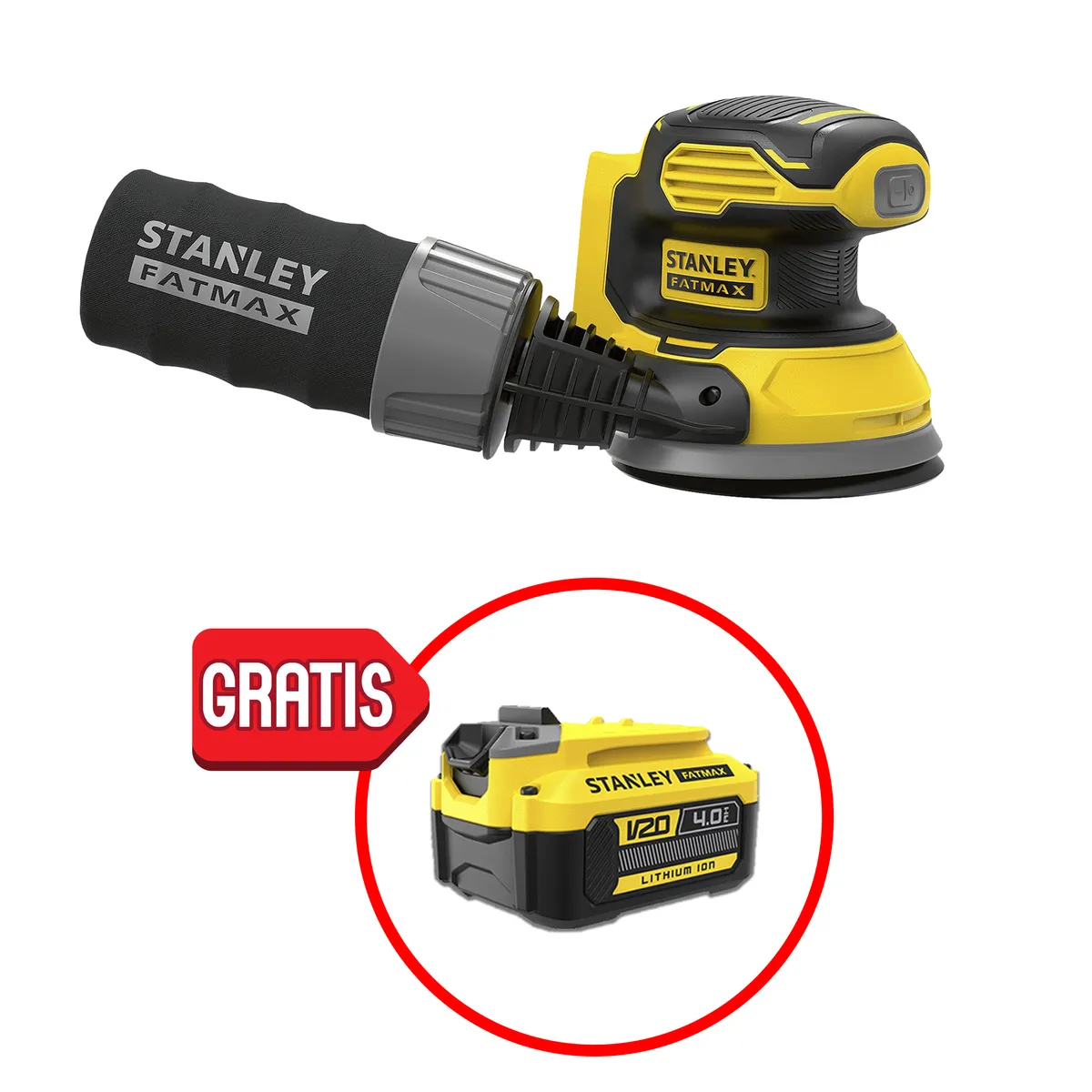 STANLEY - Lijadora Roto-orbital 5” + Batería 4Ah 20V de Regalo STANLEY