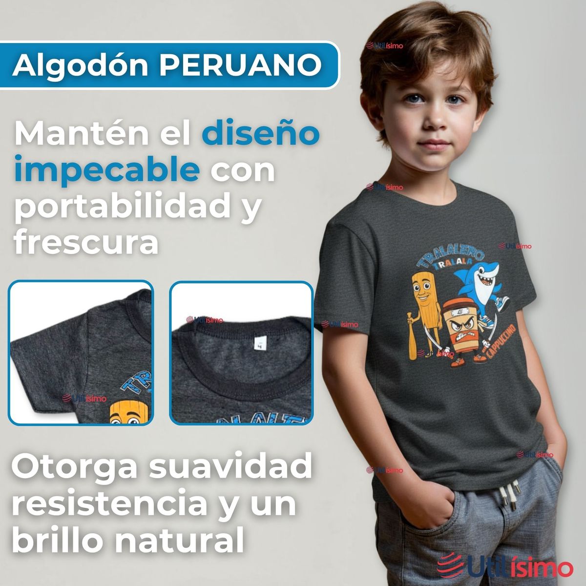 UTILISIMO - Polera Brainrots 100% Algodón Manga Corta Niño Tralalero Gris Oscuro