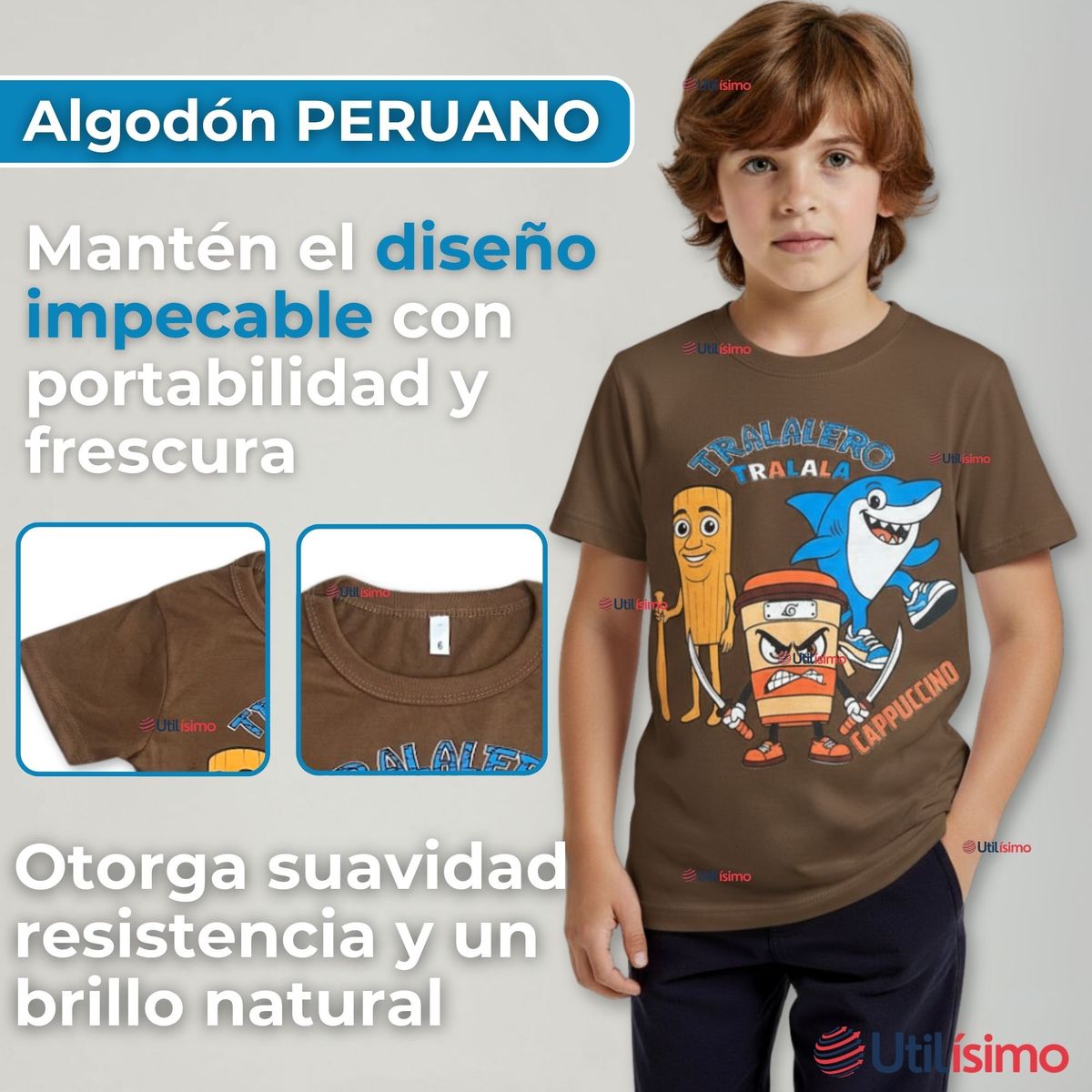 UTILISIMO - Polera Brainrots 100% Algodón Manga Corta Niño Tralalero Marrón