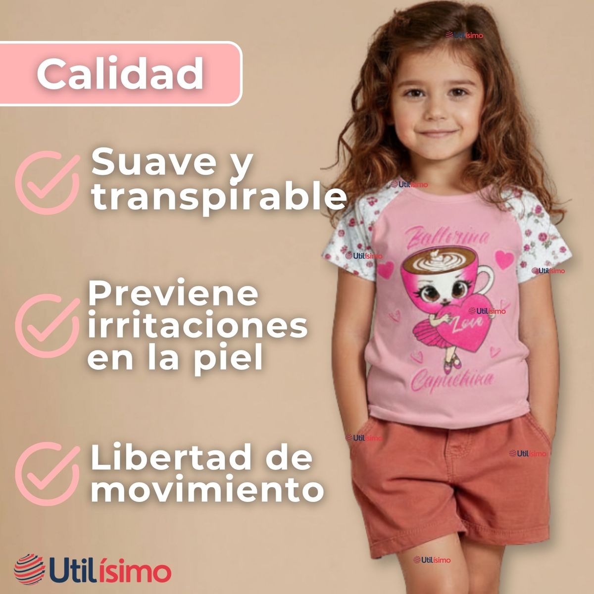 UTILISIMO - Polera Brainrots 100% Algodón Manga Corta Niña Tralalero Rosado Claro