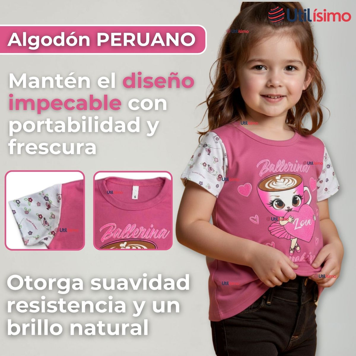 UTILISIMO - Polera Brainrots 100%Algodón Manga Corta Niña Tralalero Rosado Oscuro