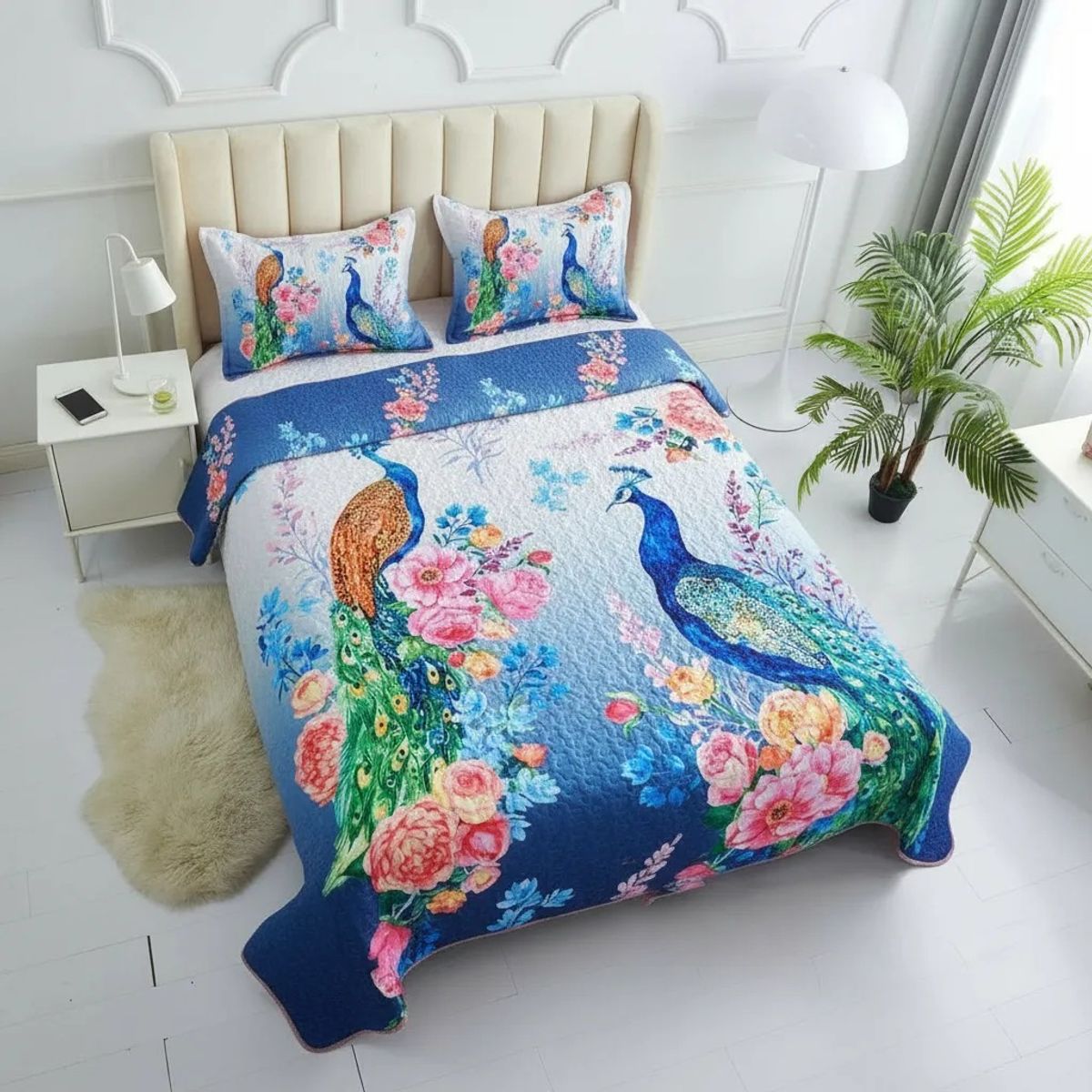 GENERICO - CUBRECAMA DE VERANO 2 PLAZA AZUL PAVO REAL QUILT DELGADO WYM