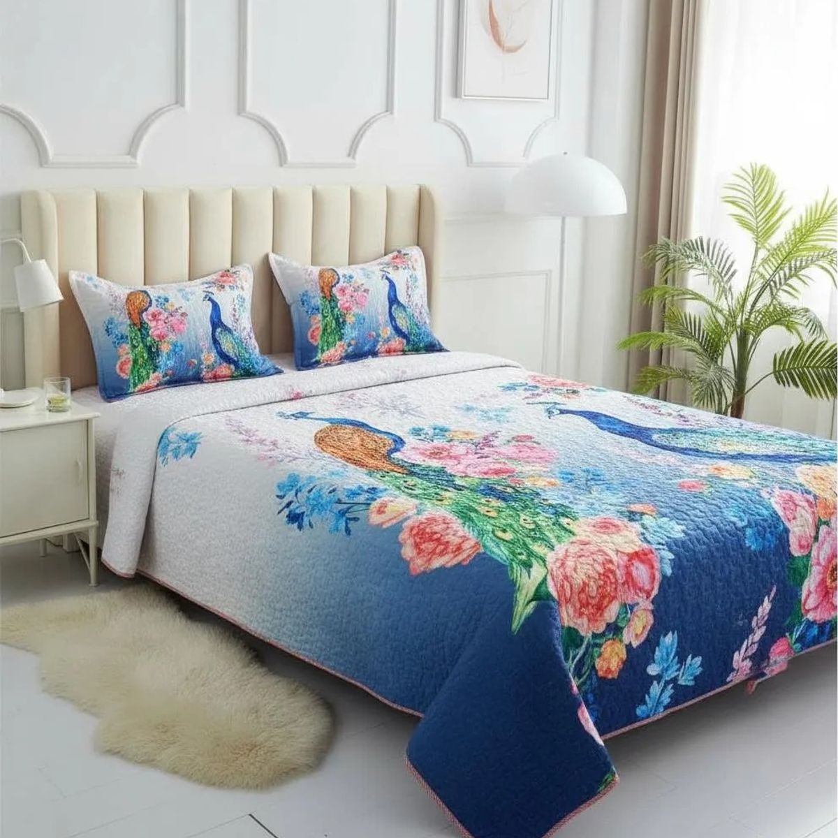 GENERICO - CUBRECAMA DE VERANO 2 PLAZA AZUL PAVO REAL QUILT DELGADO WYM