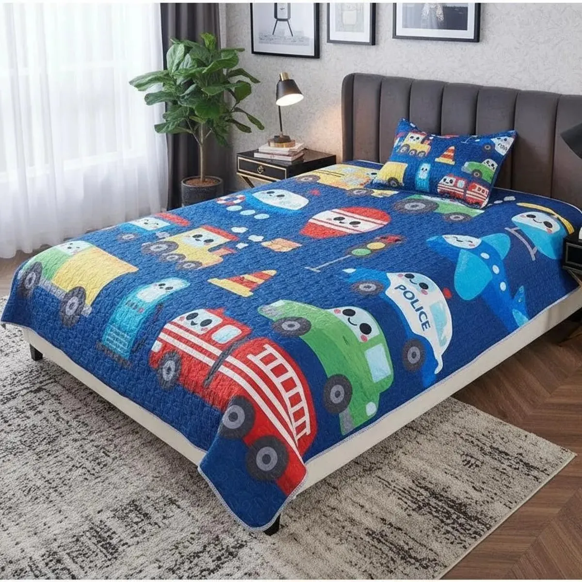 GENERICO - CUBRECAMA DE NIÑO DE VERANO 1.5 PLAZA AZUL CARRITOS SUPER HEROES WYM