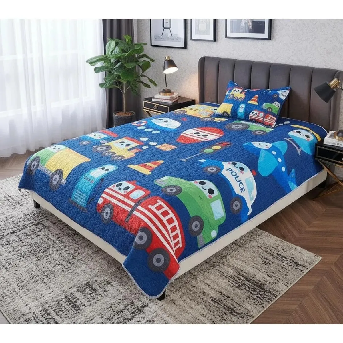 GENERICO - CUBRECAMA DE NIÑO DE VERANO 1.5 PLAZA AZUL CARRITOS SUPER HEROES WYM