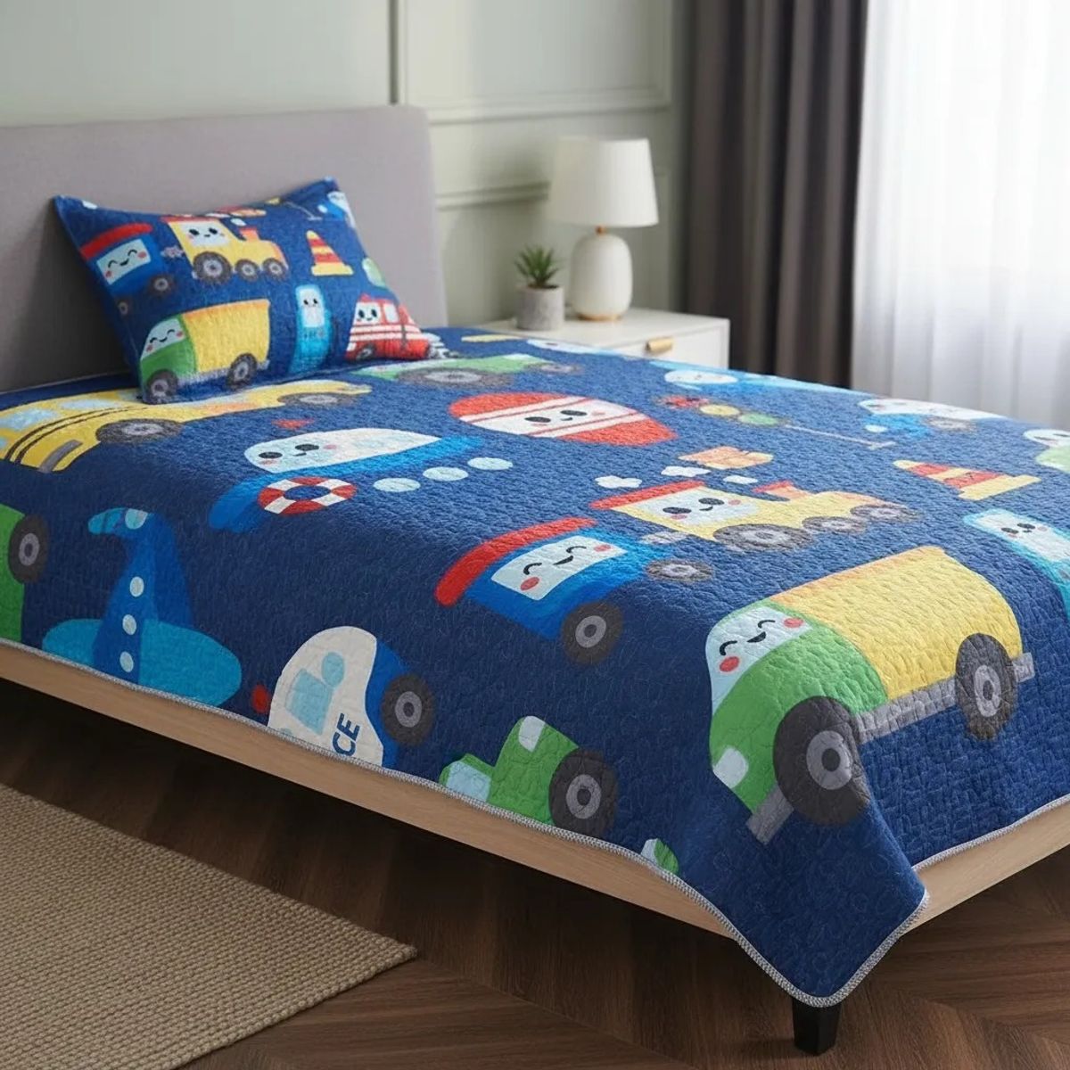 GENERICO - CUBRECAMA DE NIÑO DE VERANO 1.5 PLAZA AZUL CARRITOS SUPER HEROES WYM