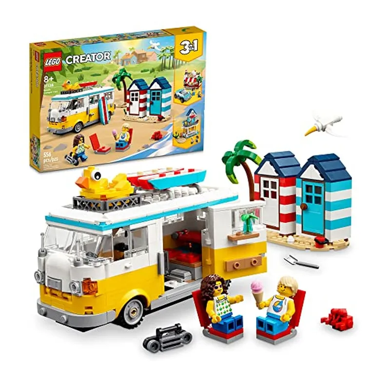 LEGO - Camper van de playa 3 en 1 con 2 minifiguras y playa