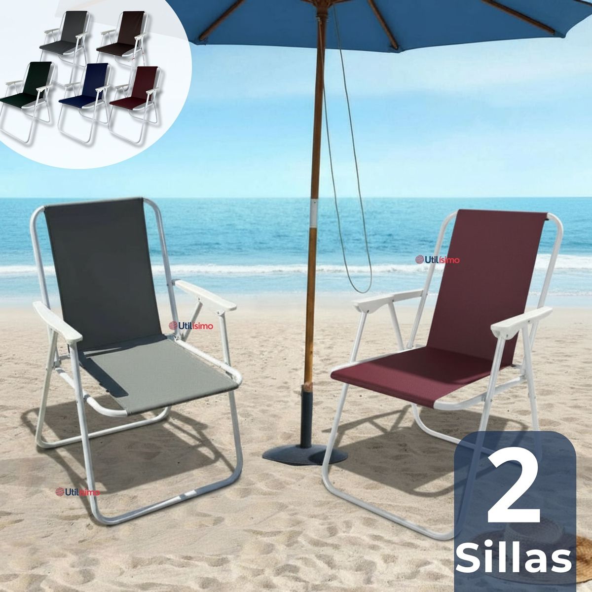 LINE - Pack 2 Sillas Plegables Portátil Playa Camping Picnic Colores Surtidos