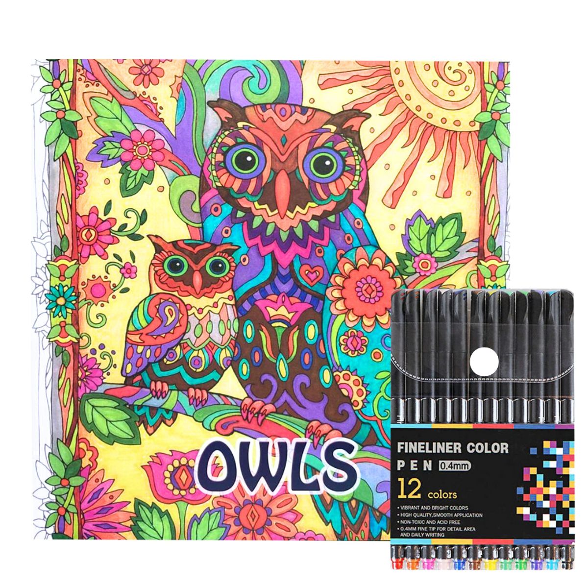 GENERICO - Mándalas De 96 Dibujos Owls + Lápices Tiralíneas 12 Colere