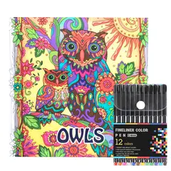 GENERICO - Mándalas De 96 Dibujos Owls + Lápices Tiralíneas 12 Colere