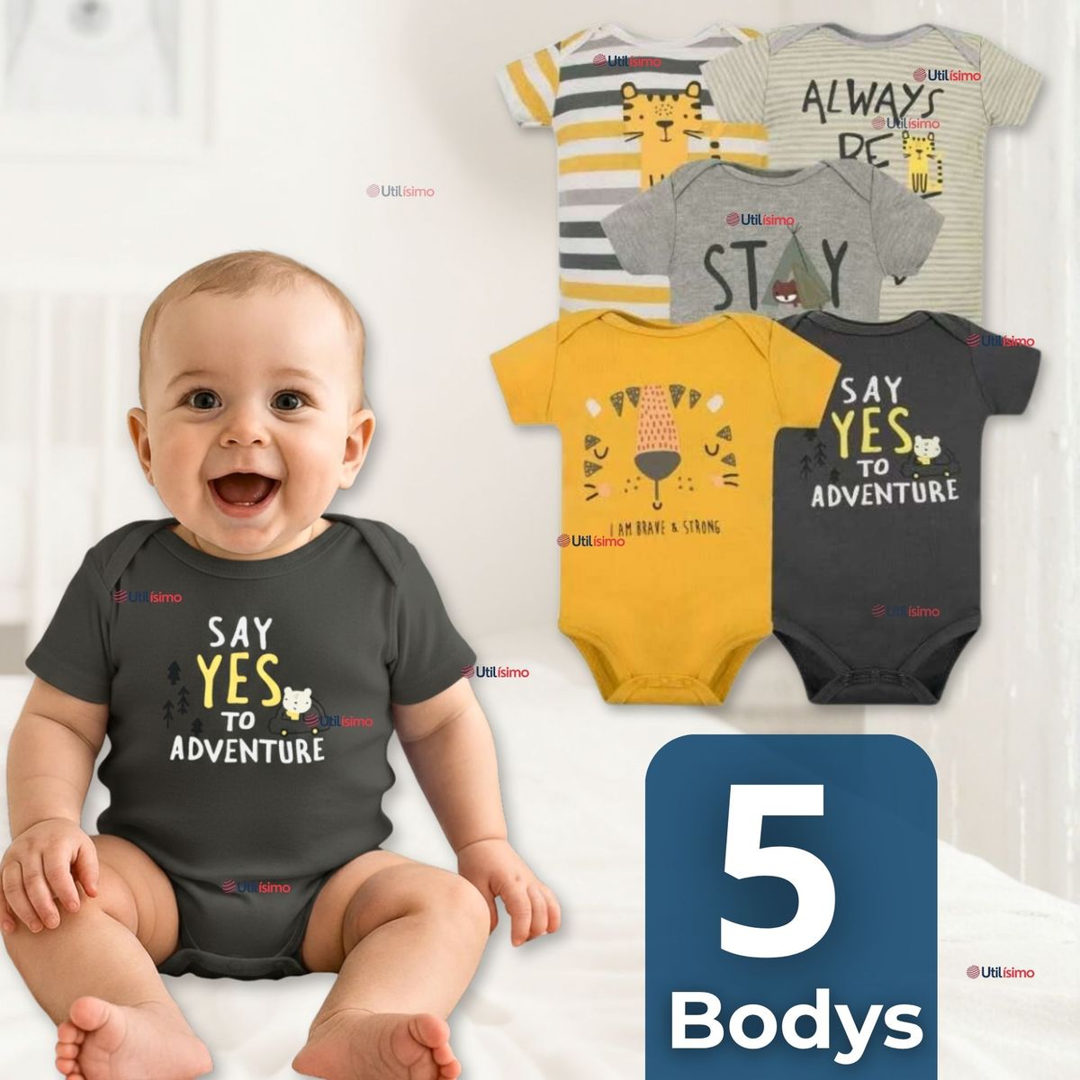 TEDMIMAK - Pack 5 Bodys Niño Manga Corta Tedmimak 100% Algodón Baby Tiger