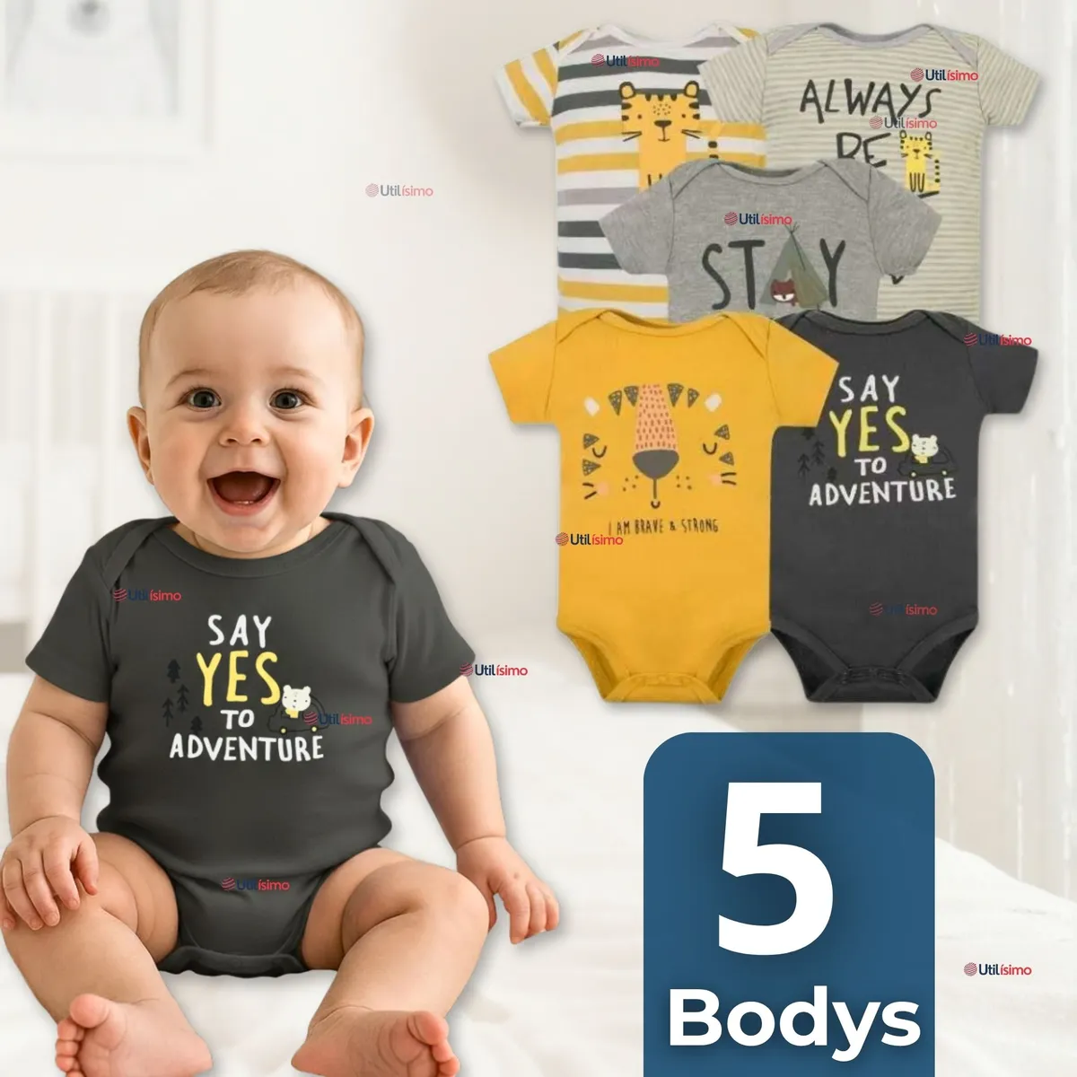 TEDMIMAK - Pack 5 Bodys Niño Manga Corta Tedmimak 100% Algodón Baby Tiger