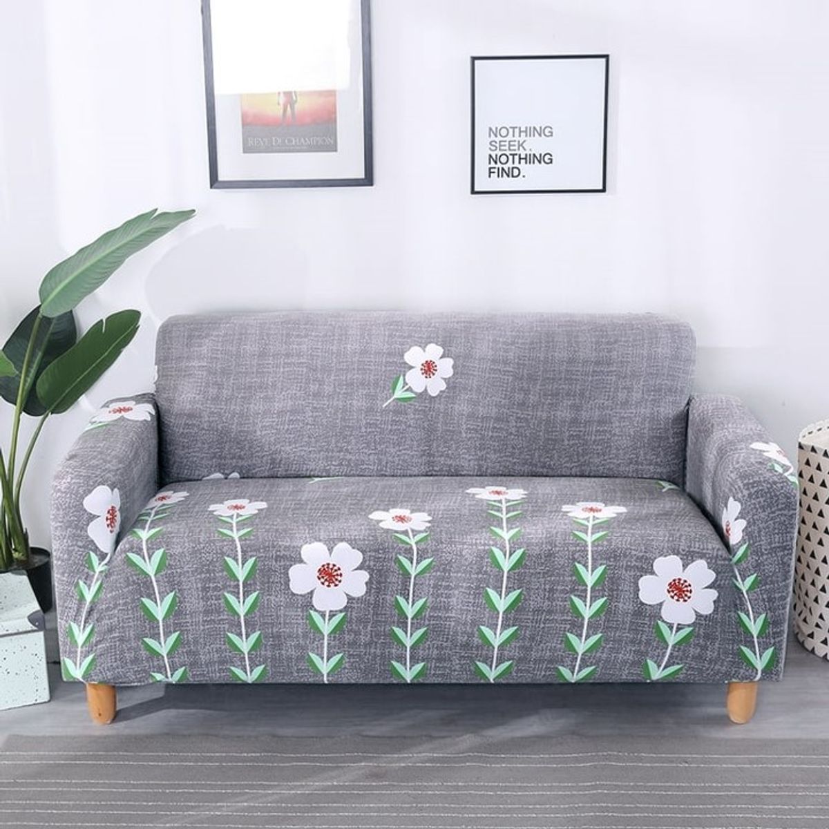DIANA - FUNDA SILLON ELASTIZADO 3 CUERPO 195CM/230CM DISEÑO GRIS FLOR BLANCA
