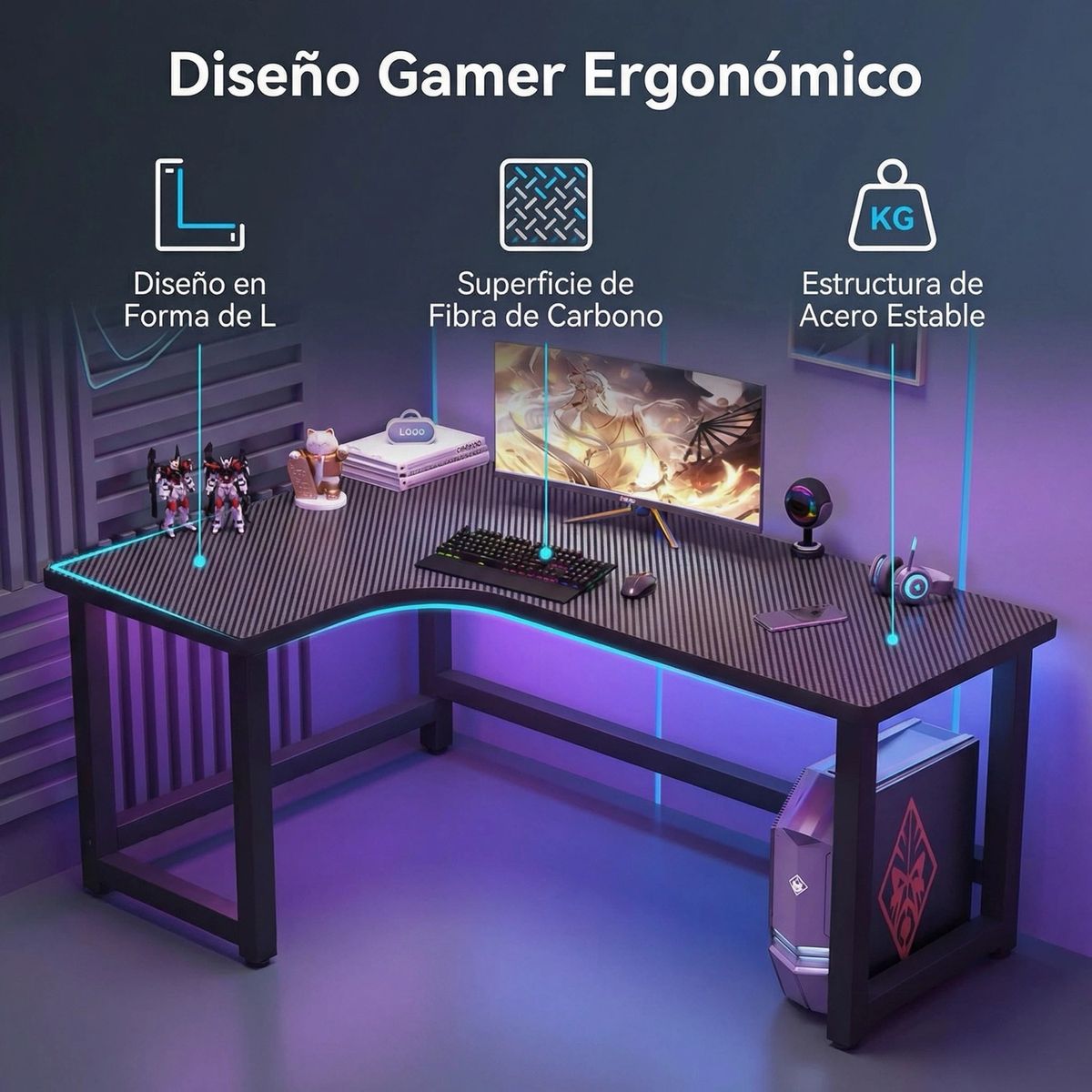 IDEEHOUSE - Escritorio Mesa Estructura Metálica Forma L 100x140x60x75cm