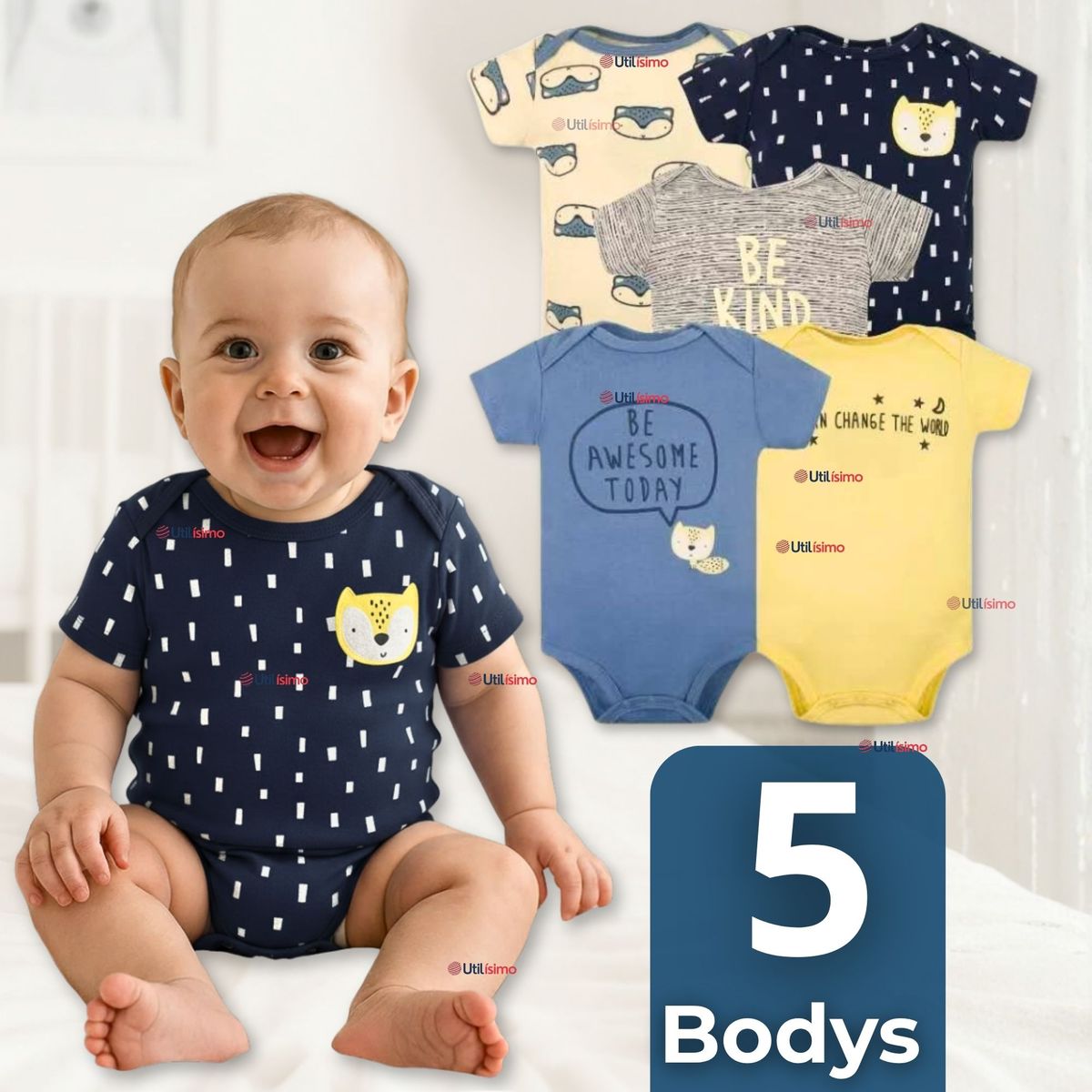 TEDMIMAK - Pack 5 Bodys Niño Manga Corta Tedmimak 100% Algodón Baby BE KIND