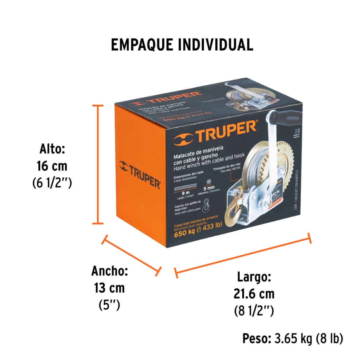 Winche Tecle Manual 650 Kg 9M Cable Acero c/freno, marca TRUPER - Foto 2