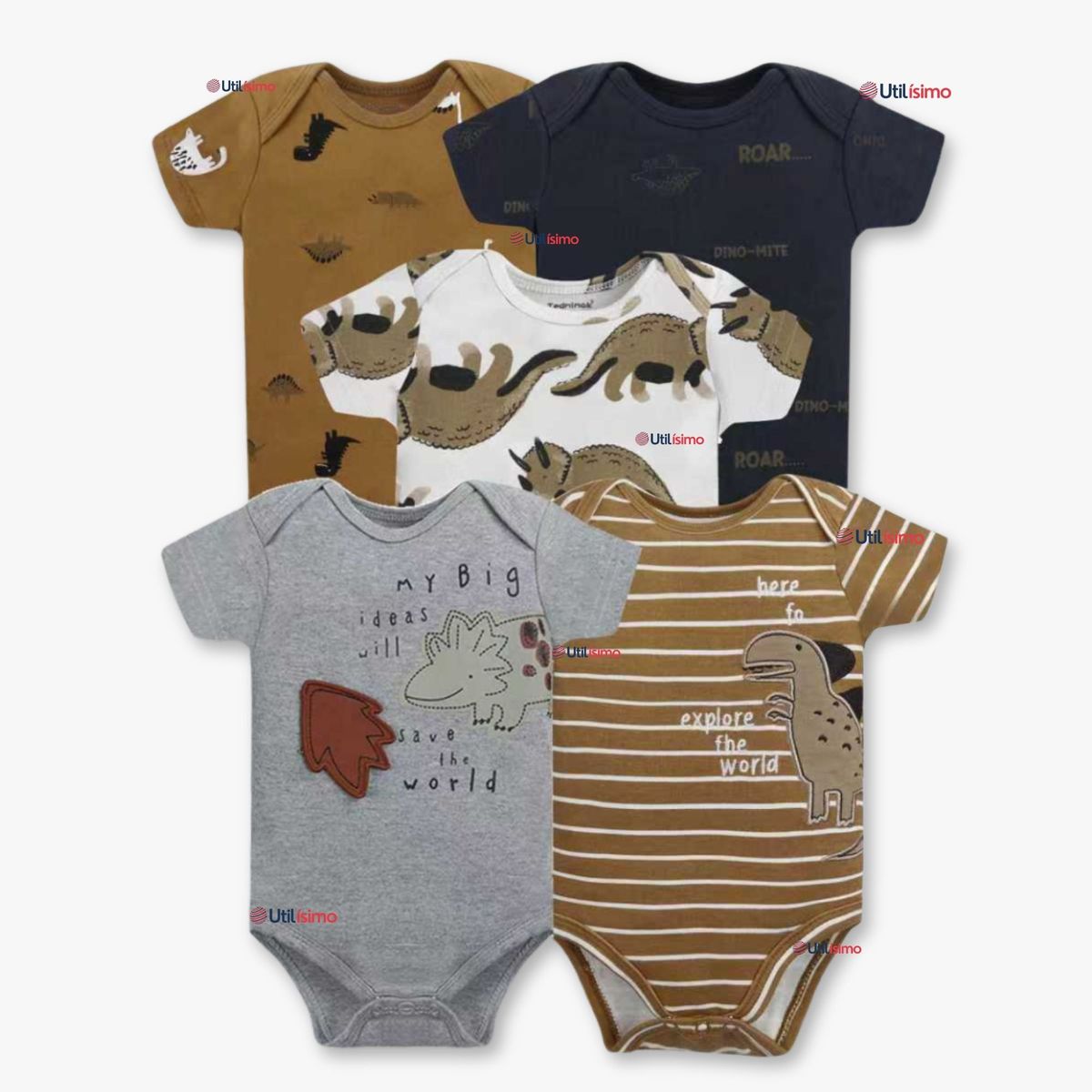 TEDMIMAK - Pack 5 Bodys Niño Manga Corta Tedmimak 100% Algodón Dino Roar