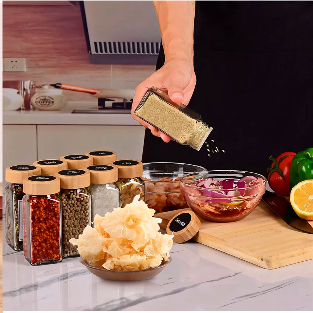 WAKESHOME - 12 Frascos De Especias Con Tapa De Madera Tarros Condimentos