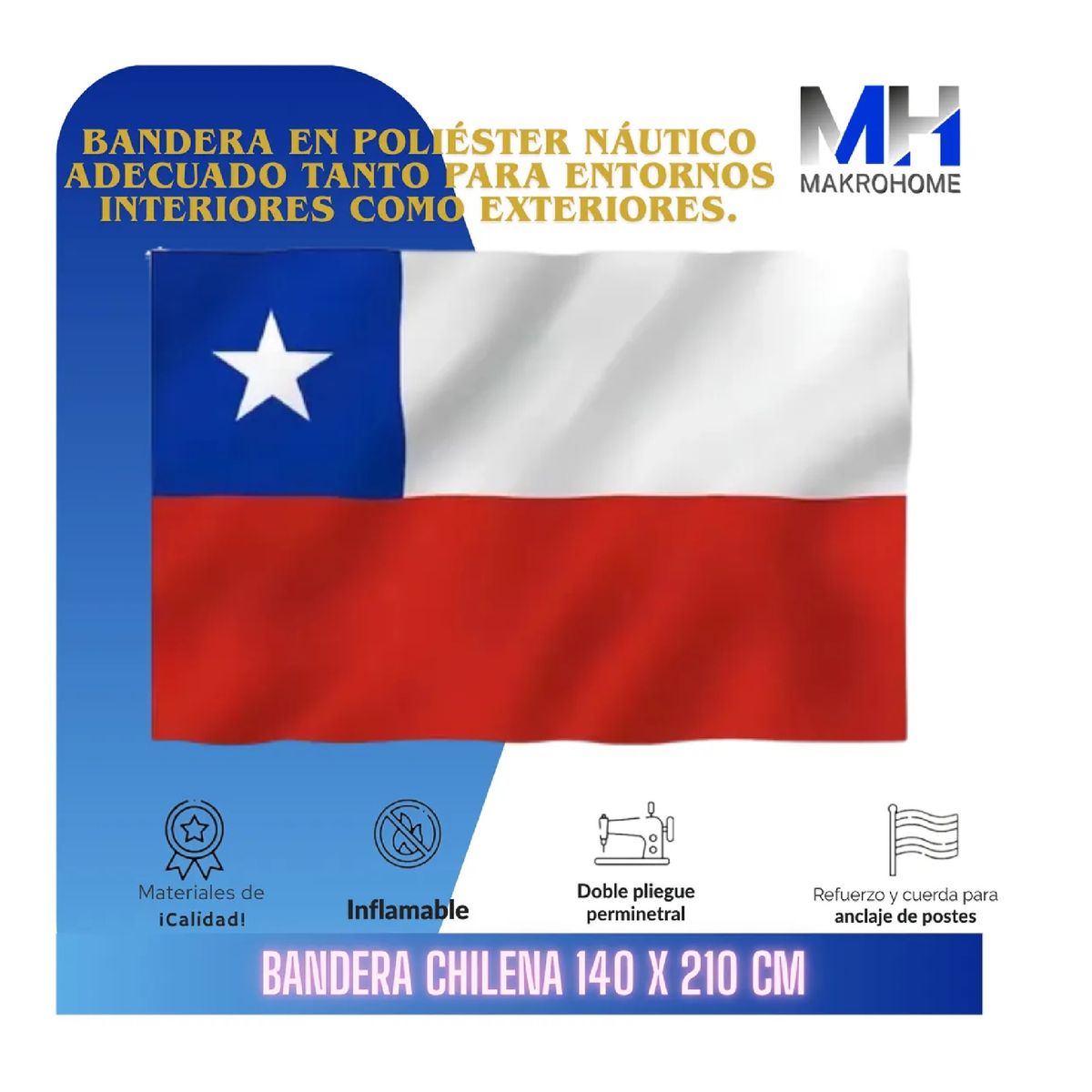 GENERICO - Bandera Chilena 140x210cms Con Cintas De Amarre Grancalidad