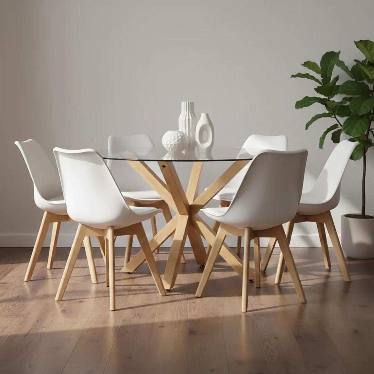 PANDALINO - Comedor Mesa Redonda Equiz 120cm + 6 Sillas Tulip Blanca
