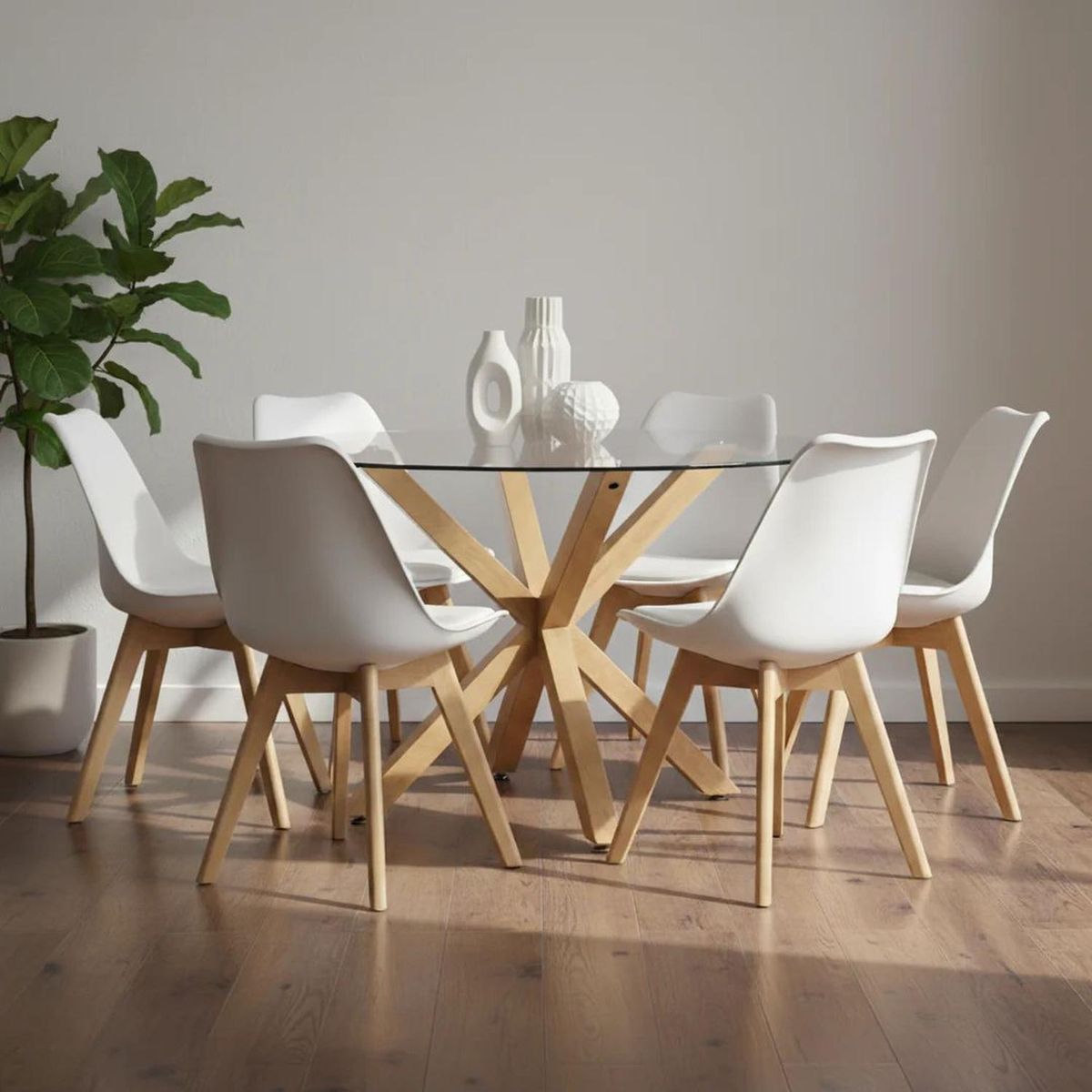 PANDALINO - Comedor Mesa Redonda Equiz 120cm + 6 Sillas Tulip Blanca
