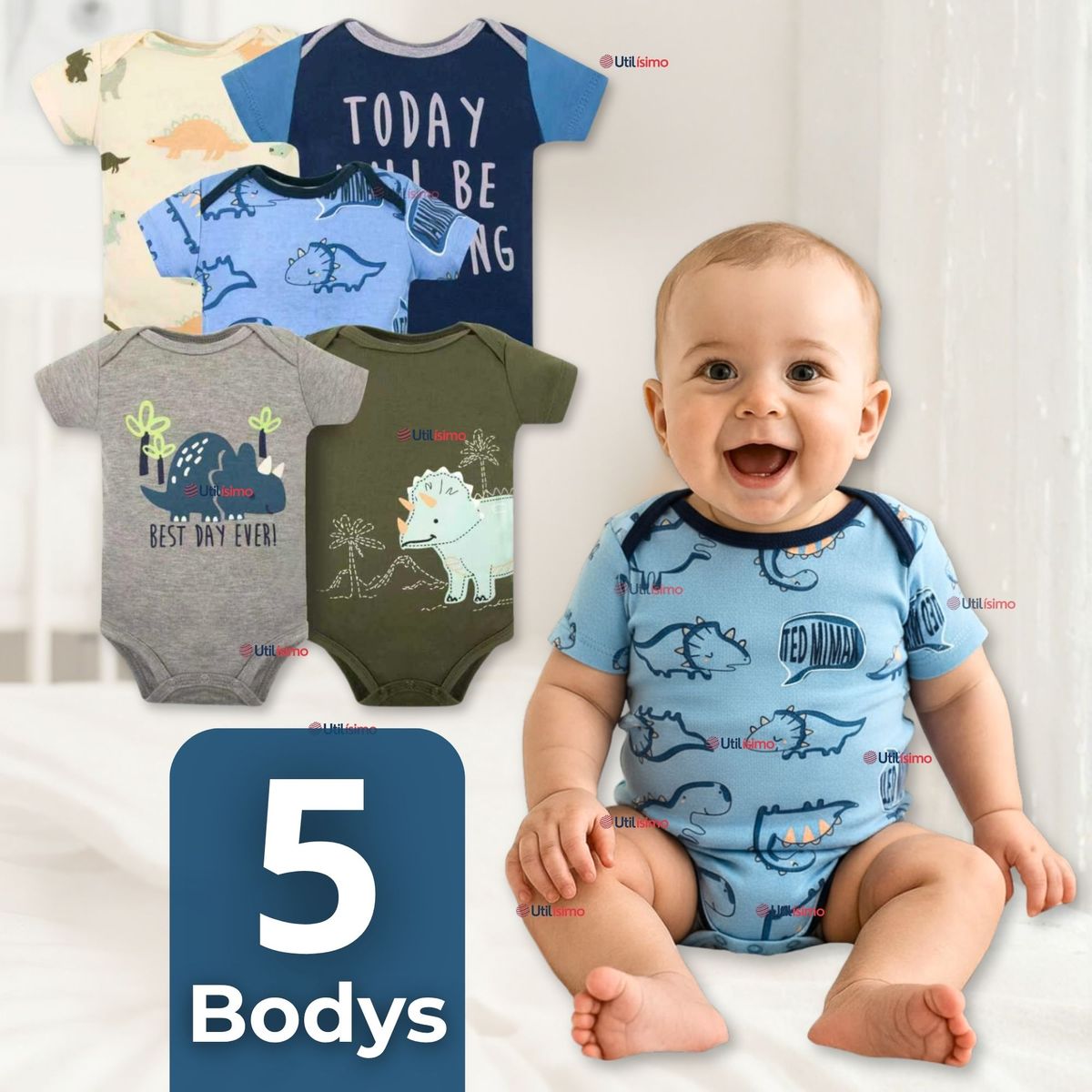 TEDMIMAK - Pack 5 Bodys Niño Manga Corta Tedmimak 100% Algodón Mini Dino Squad