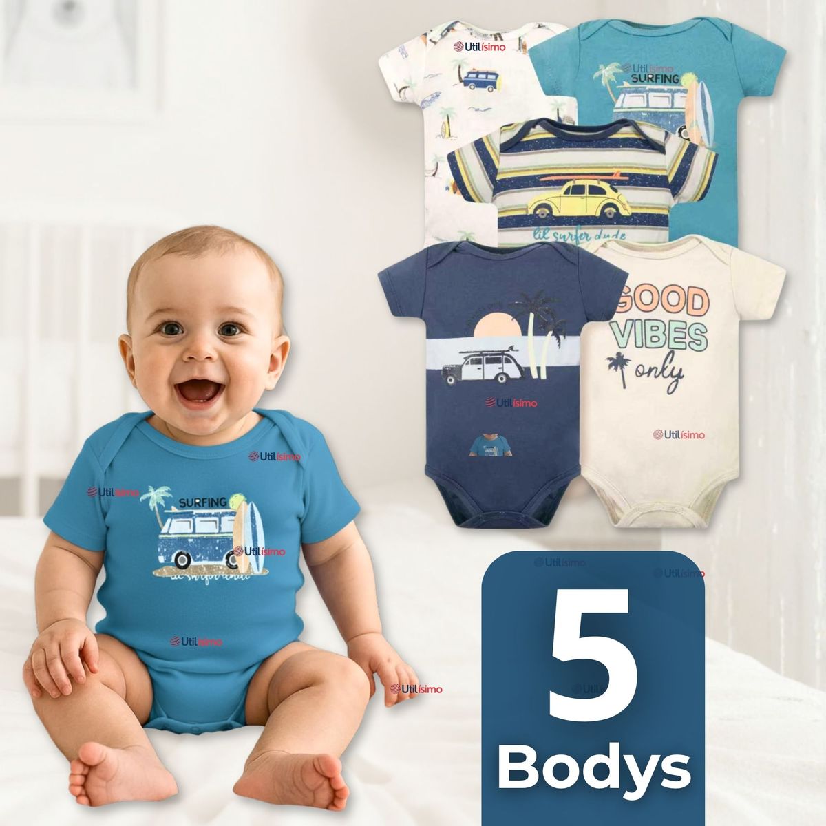 TEDMIMAK - Pack 5 Bodys Niño Manga Corta Tedmimak 100% Algodón Baby on Board