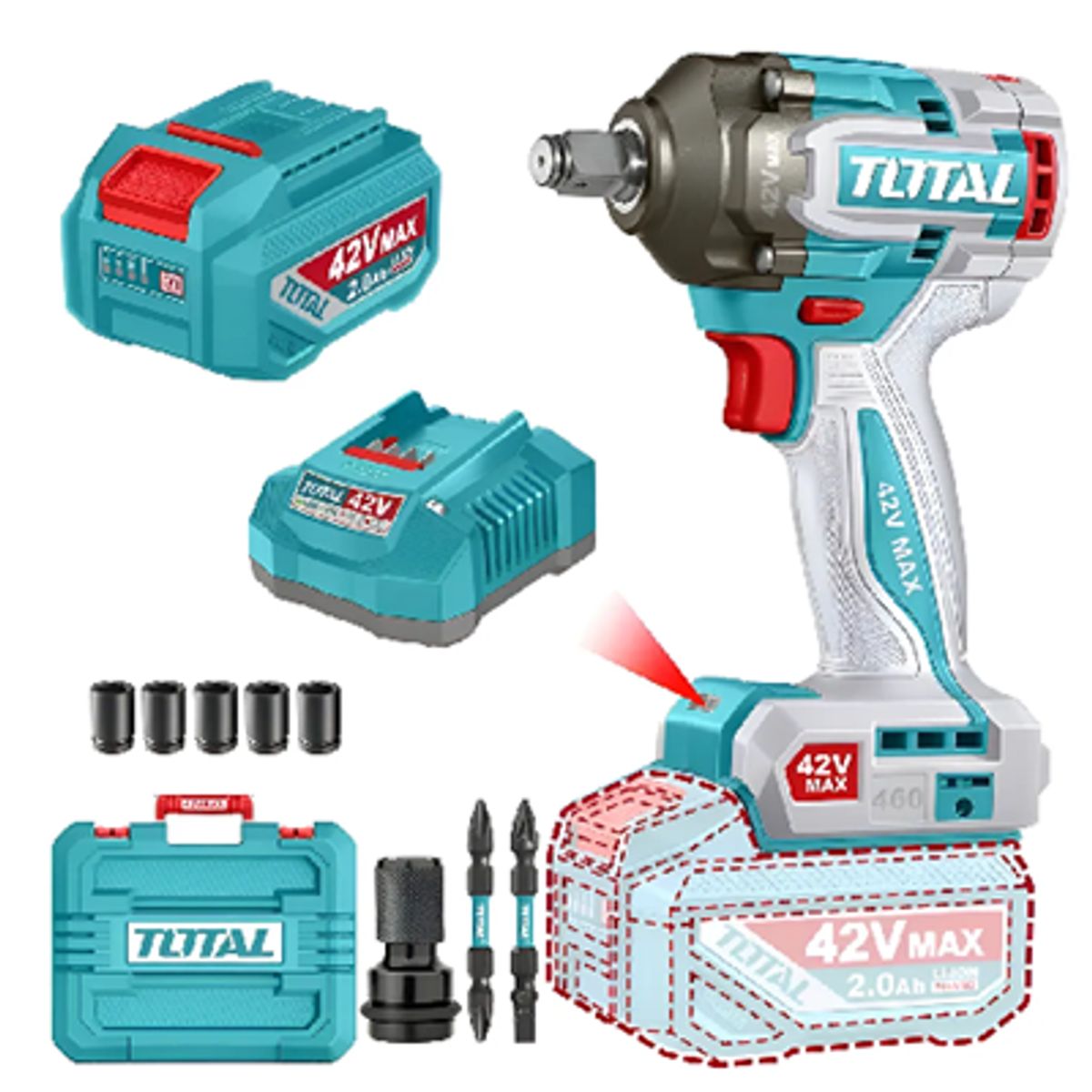 TOTAL TOOLS - Taladro Pistola Llave Impacto 42v Bat+ Carg Total Tiwli42461 Turquesa