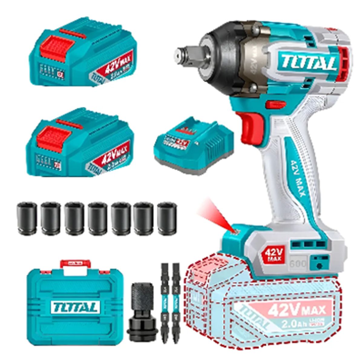 TOTAL TOOLS - Taladro Pistola Llave Impacto 42v Bat+ Carg Total Tiwli42602 Turquesa