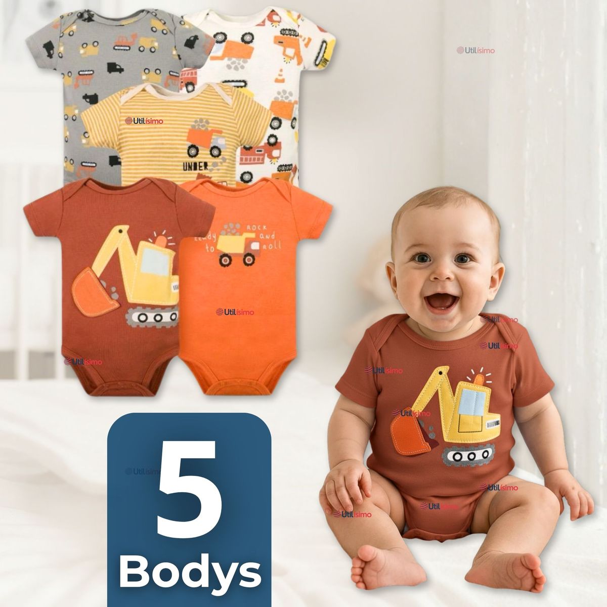 TEDMIMAK - Pack 5 Bodys Niño Manga Corta Tedmimak 100%Algodón Building Adventures