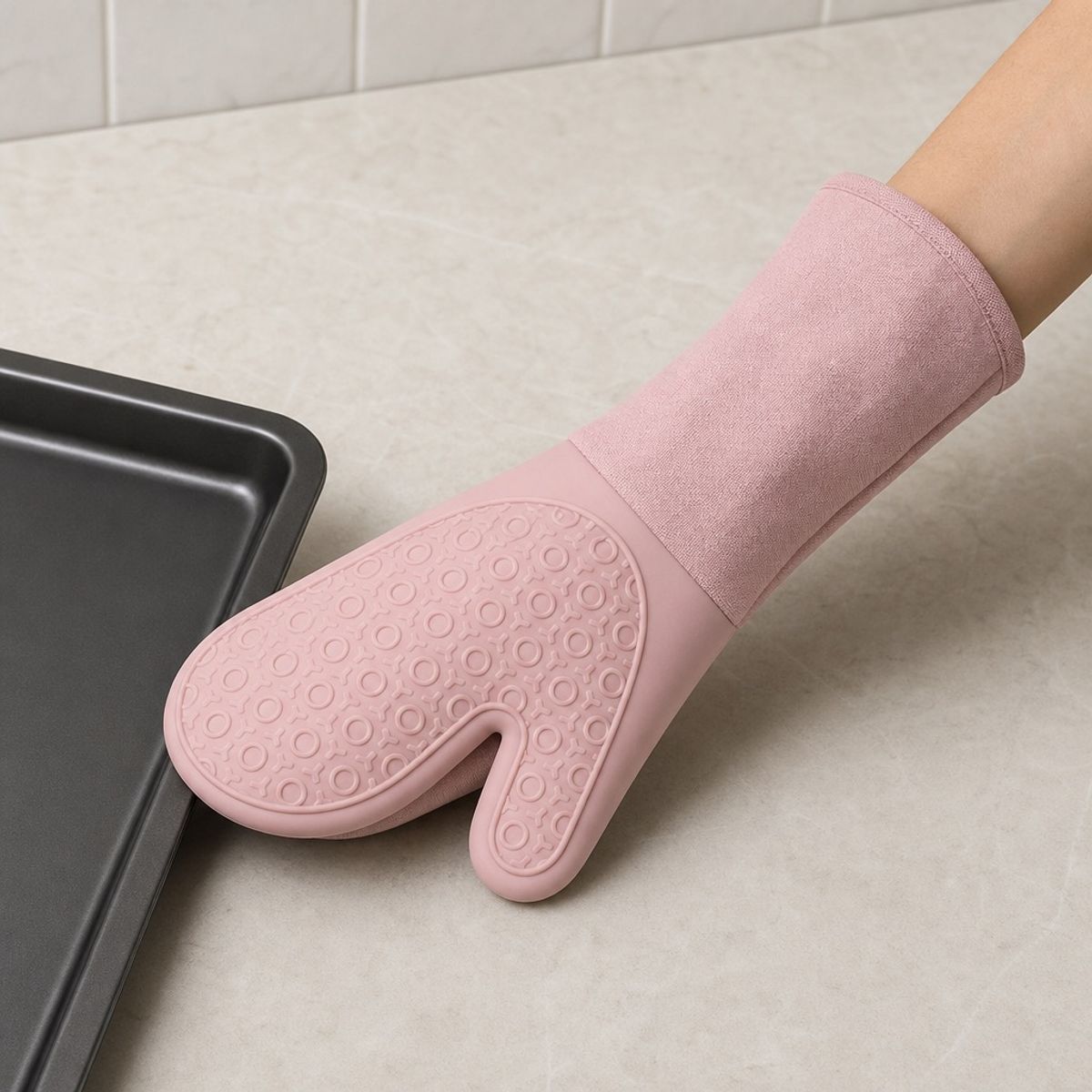 HOMESTAR - Guante de Horno Largo con Agarre de Silicona 34 cm - Rosado