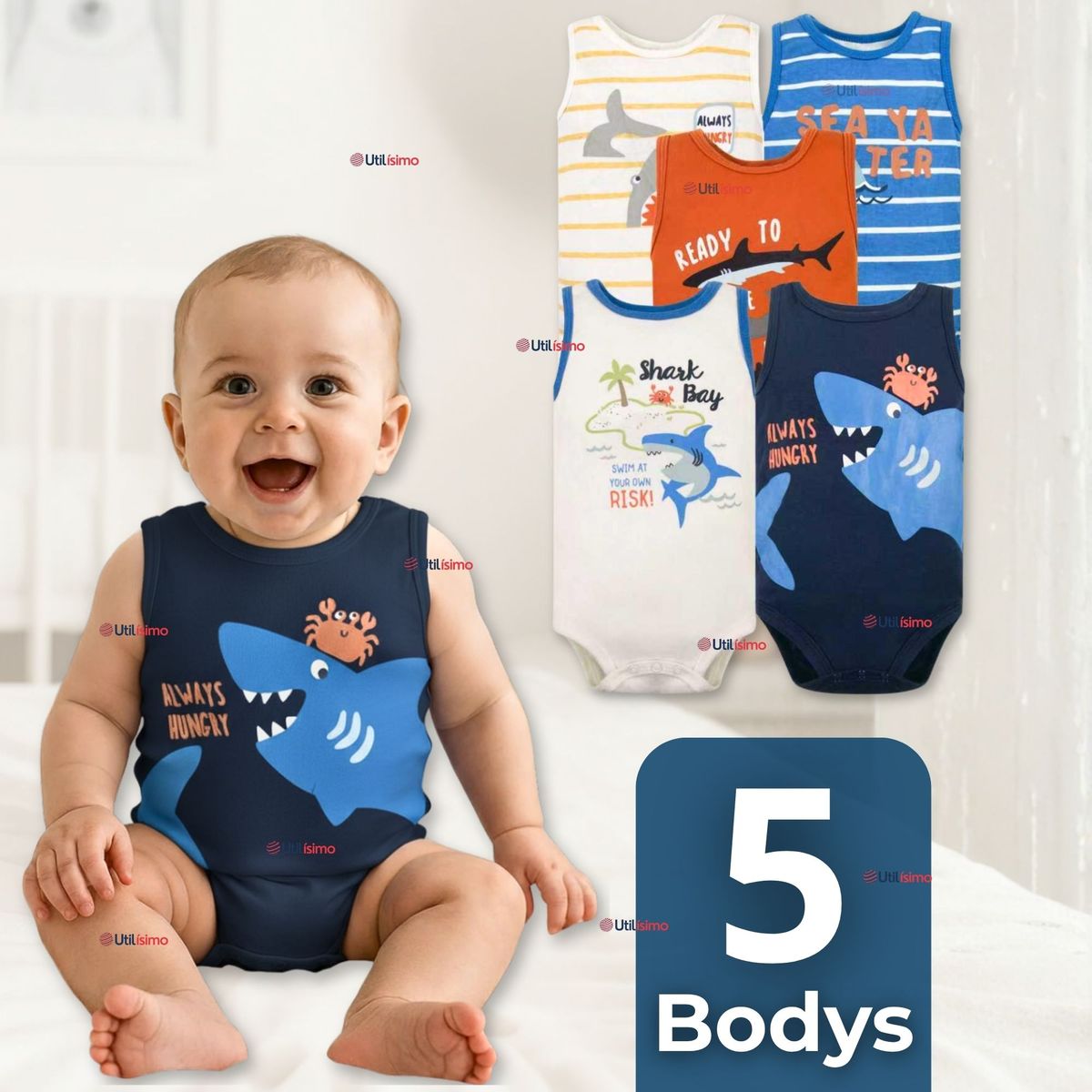 TEDMIMAK - Pack 5 Bodys Niño Sin Manga Tedmimak 100% Algodón Baby shark