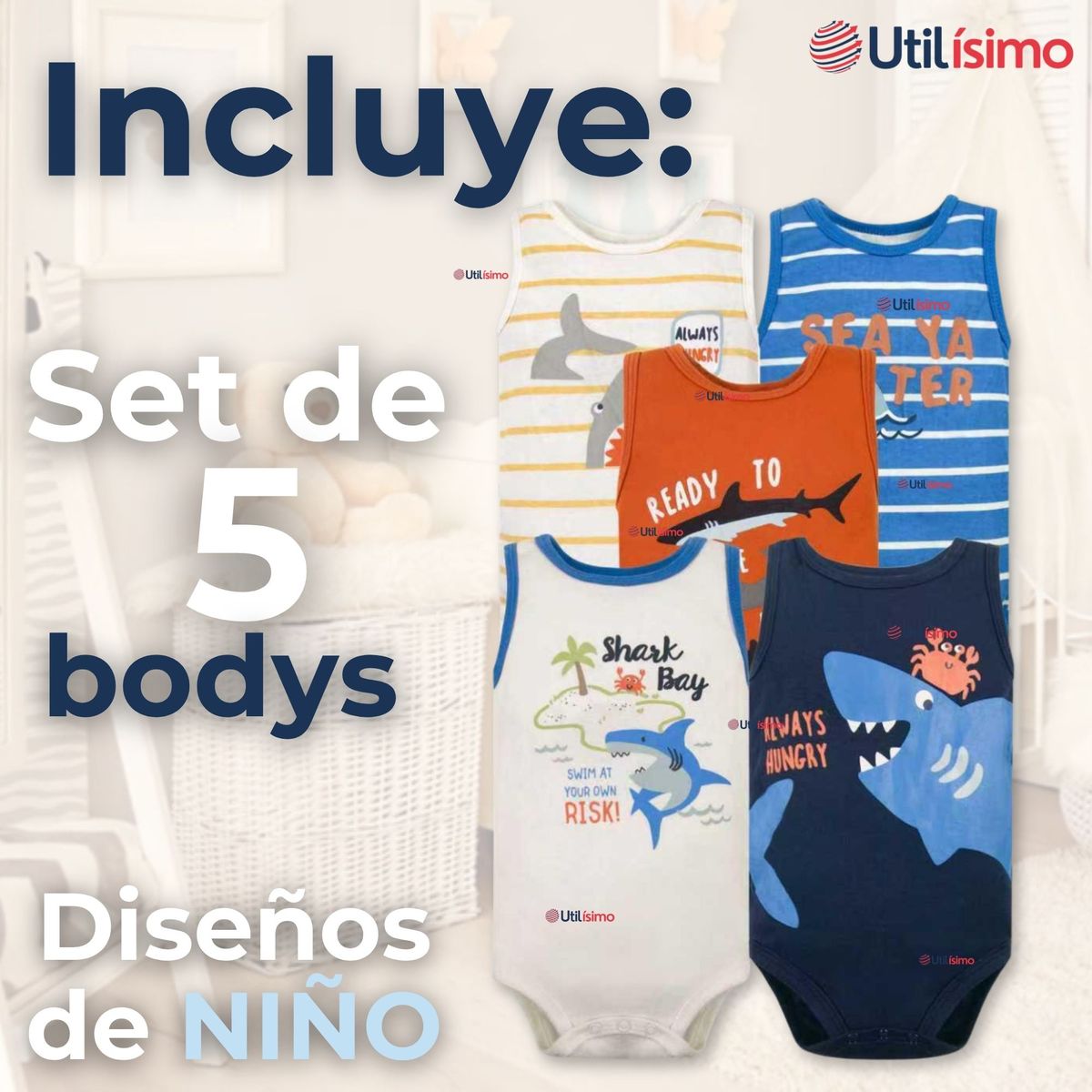 TEDMIMAK - Pack 5 Bodys Niño Sin Manga Tedmimak 100% Algodón Baby shark