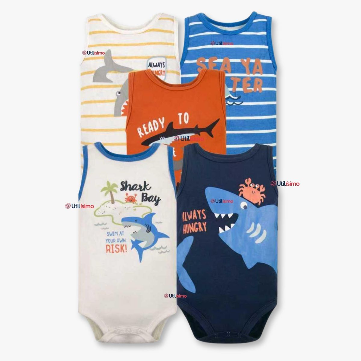 TEDMIMAK - Pack 5 Bodys Niño Sin Manga Tedmimak 100% Algodón Baby shark