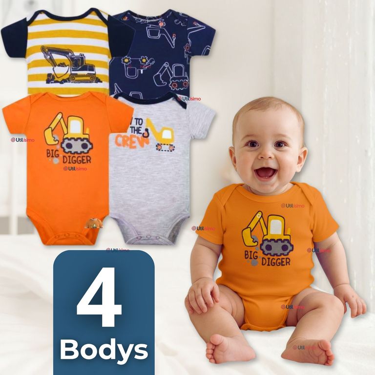 Pack 4 Bodys Manga Corta 100% Algodon Baby Builders in Action Multicolor 3-6 MESES