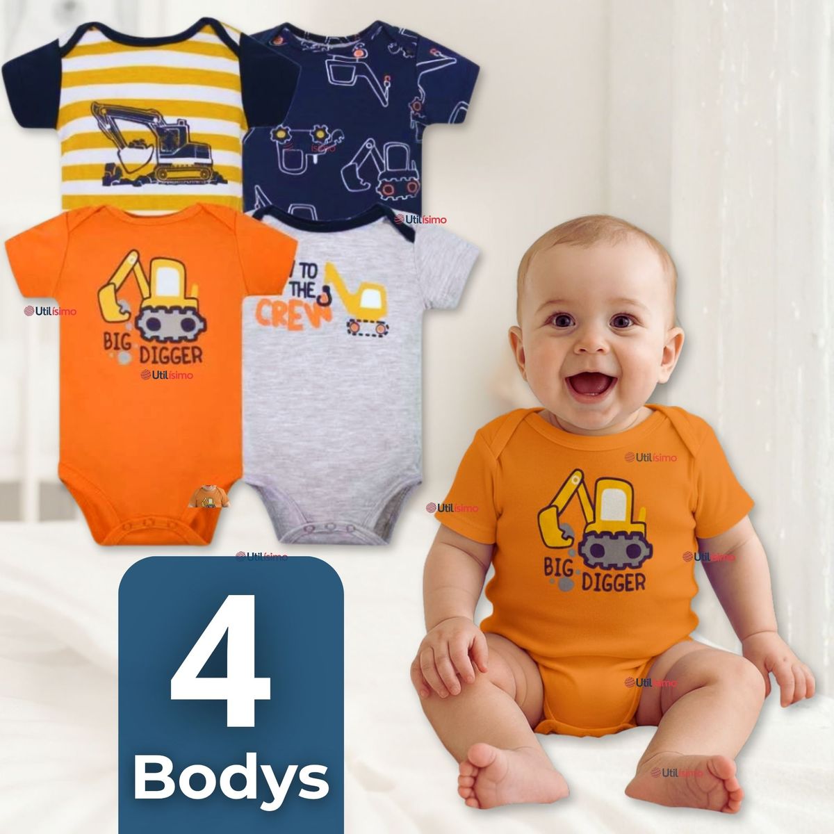 TEDMIMAK - Pack 4 Bodys Manga Corta Tedmimak 100% Algodón Baby Builders in Action