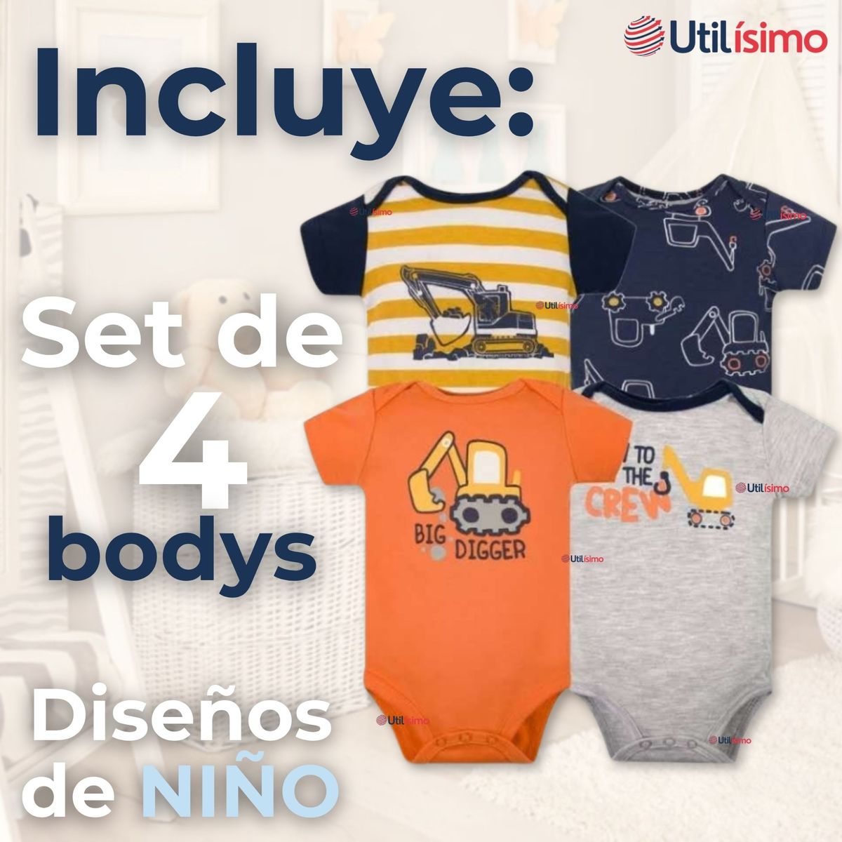 TEDMIMAK - Pack 4 Bodys Manga Corta Tedmimak 100% Algodón Baby Builders in Action
